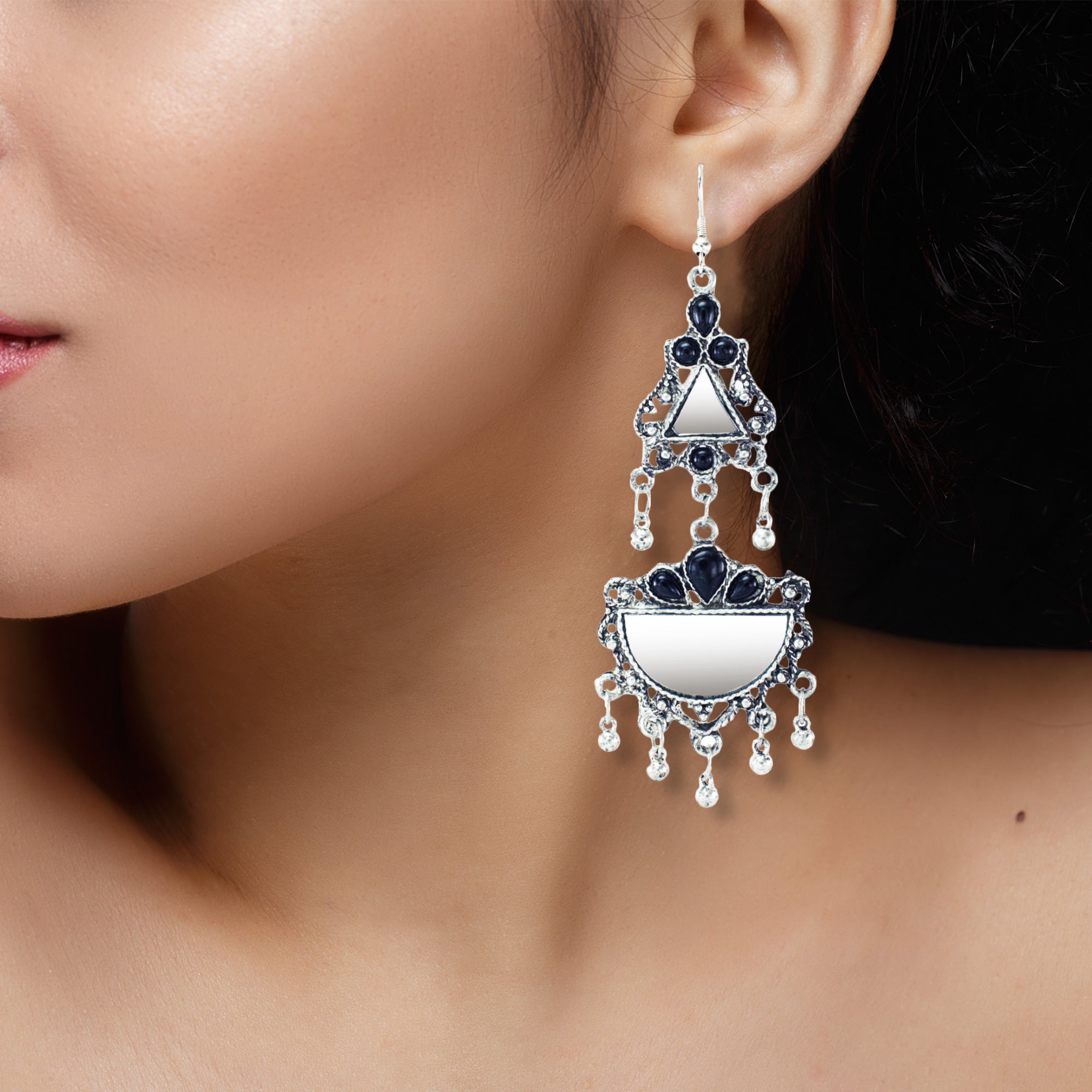 Abhinn Afghani Silver Oxidised Mirror With Black Stones Dangler Earrings for Women