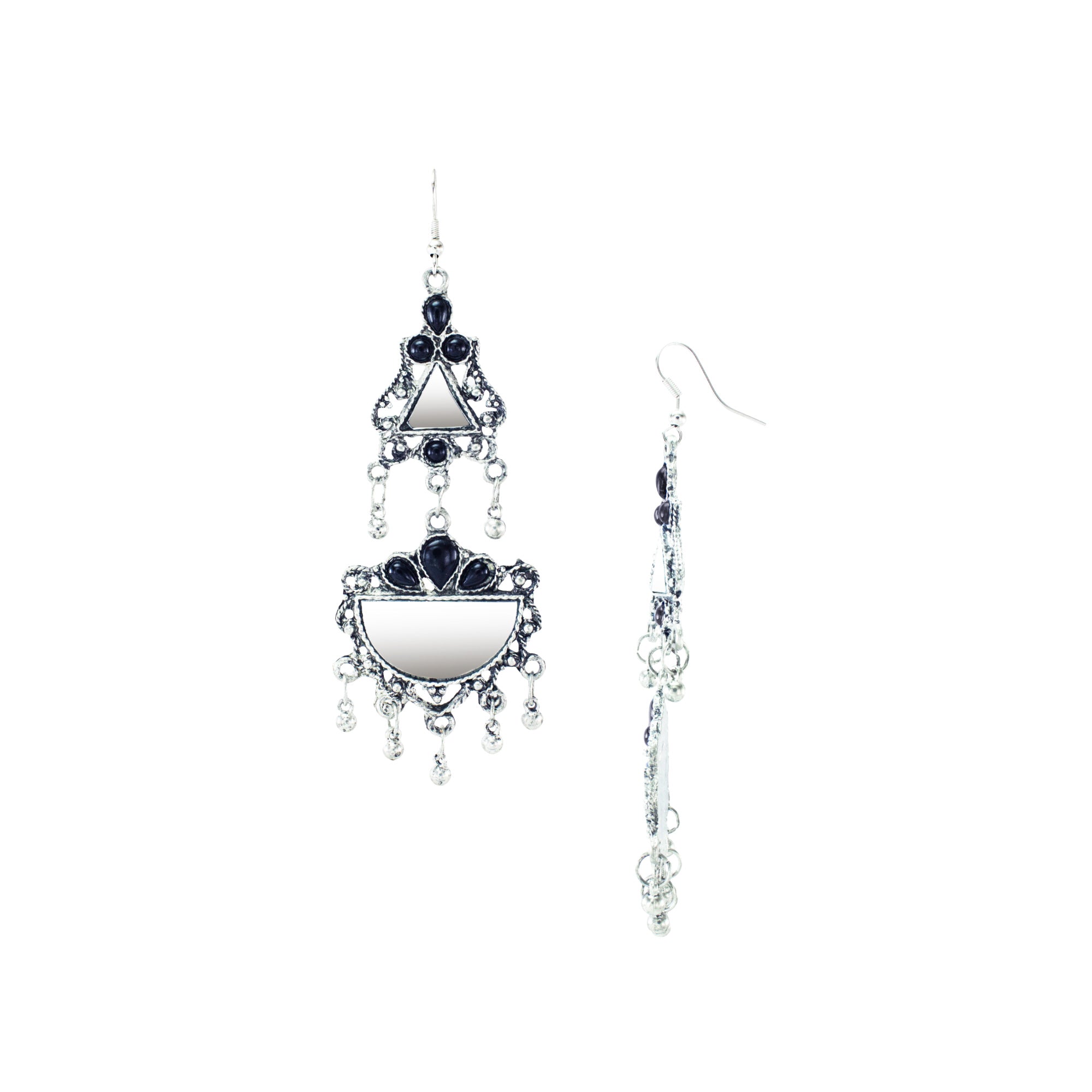Abhinn Afghani Silver Oxidised Mirror With Black Stones Dangler Earrings for Women