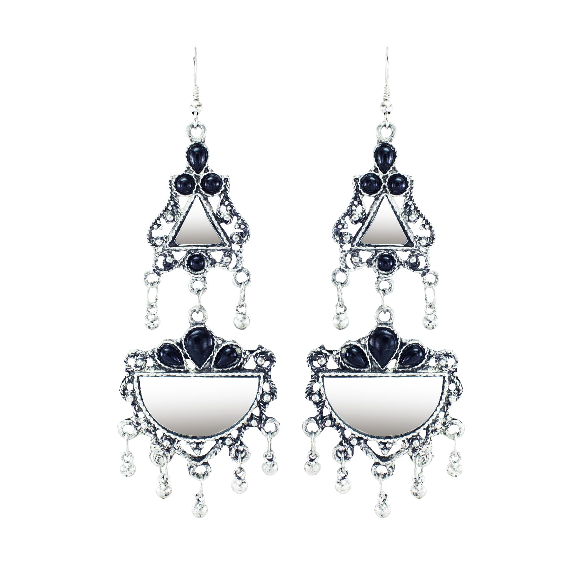 Abhinn Afghani Silver Oxidised Mirror With Black Stones Dangler Earrings for Women