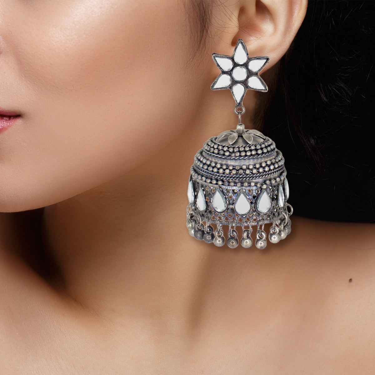 Abhinn Silver Oxidised Floral Design Mirror Jhumka Earrings For Women