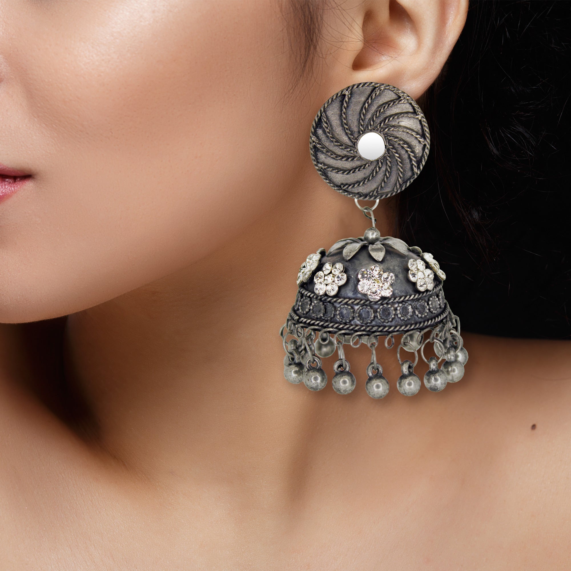 Abhinn Black Polished Floral Design White CZ Stones Jhumka Earrings For Women