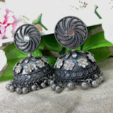 Abhinn Black Polished Floral Design White CZ Stones Jhumka Earrings For Women