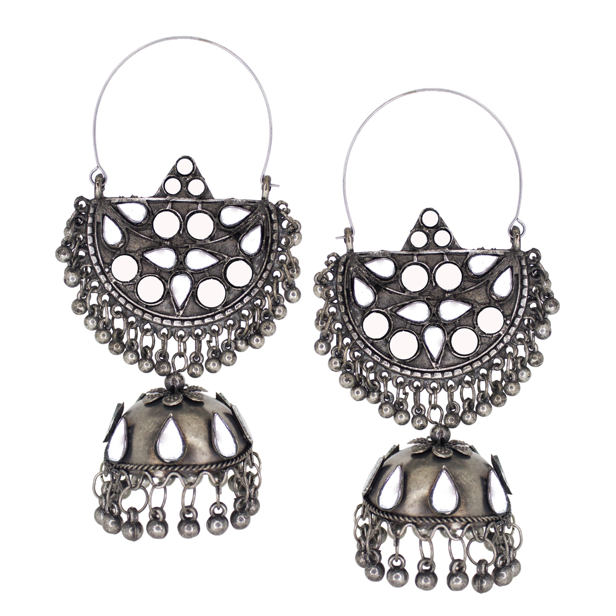 Abhinn Unique Silver Oxidised Geometrical Mirror Hoops Earrings For Women