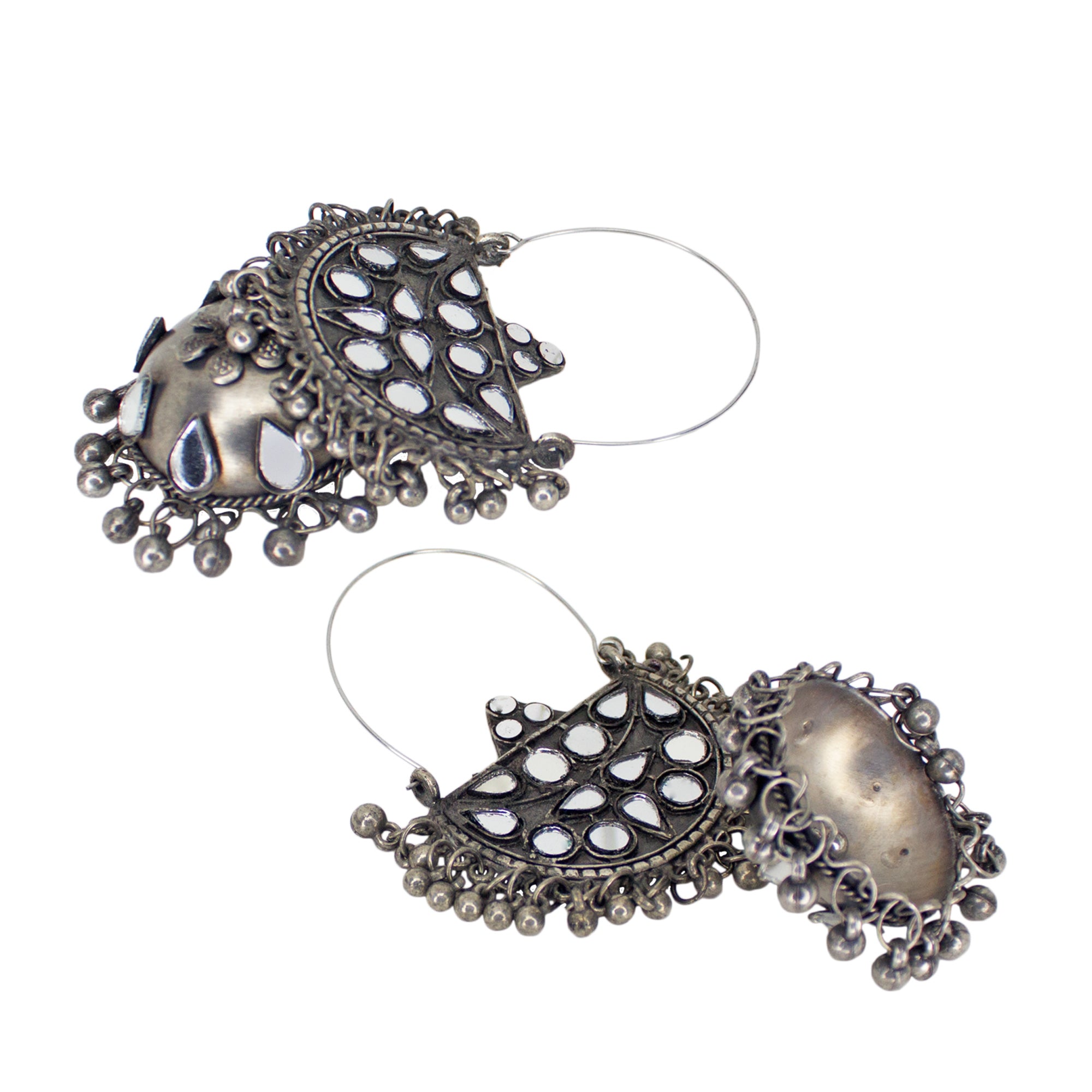 Abhinn Unique Silver Oxidised Geometrical Mirror Hoops Earrings For Women