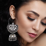 Abhinn Unique Silver Oxidised Geometrical Mirror Hoops Earrings For Women