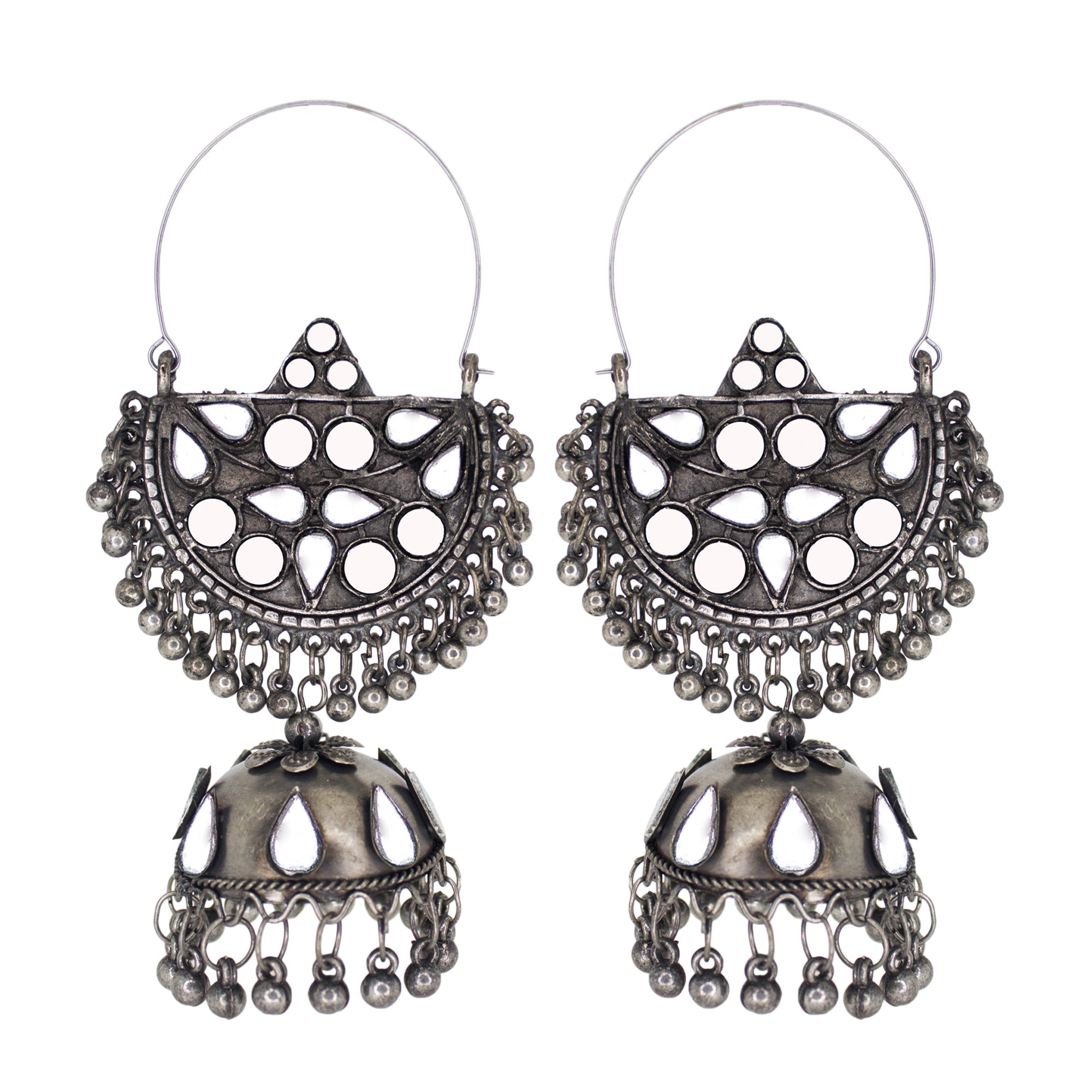 Abhinn Unique Silver Oxidised Geometrical Mirror Hoops Earrings For Women