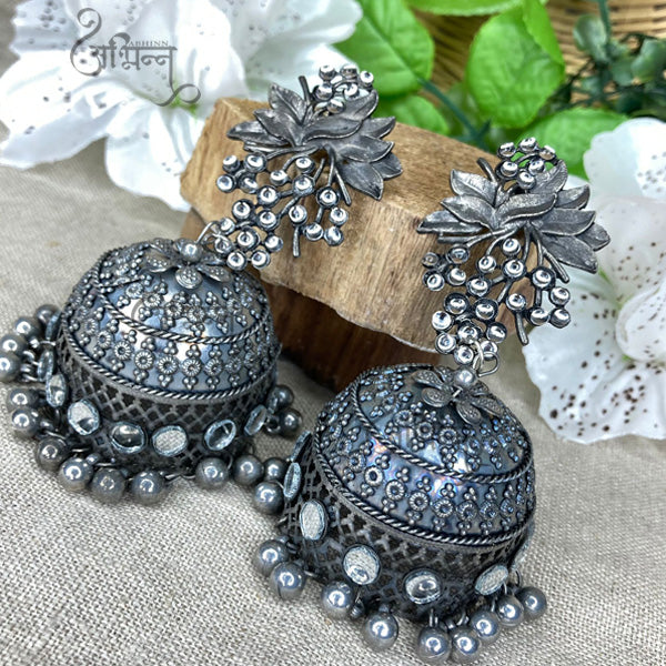 Abhinn Black Polished Grapes Design Stud With Mirror Floral Jhumka Earrings For Women
