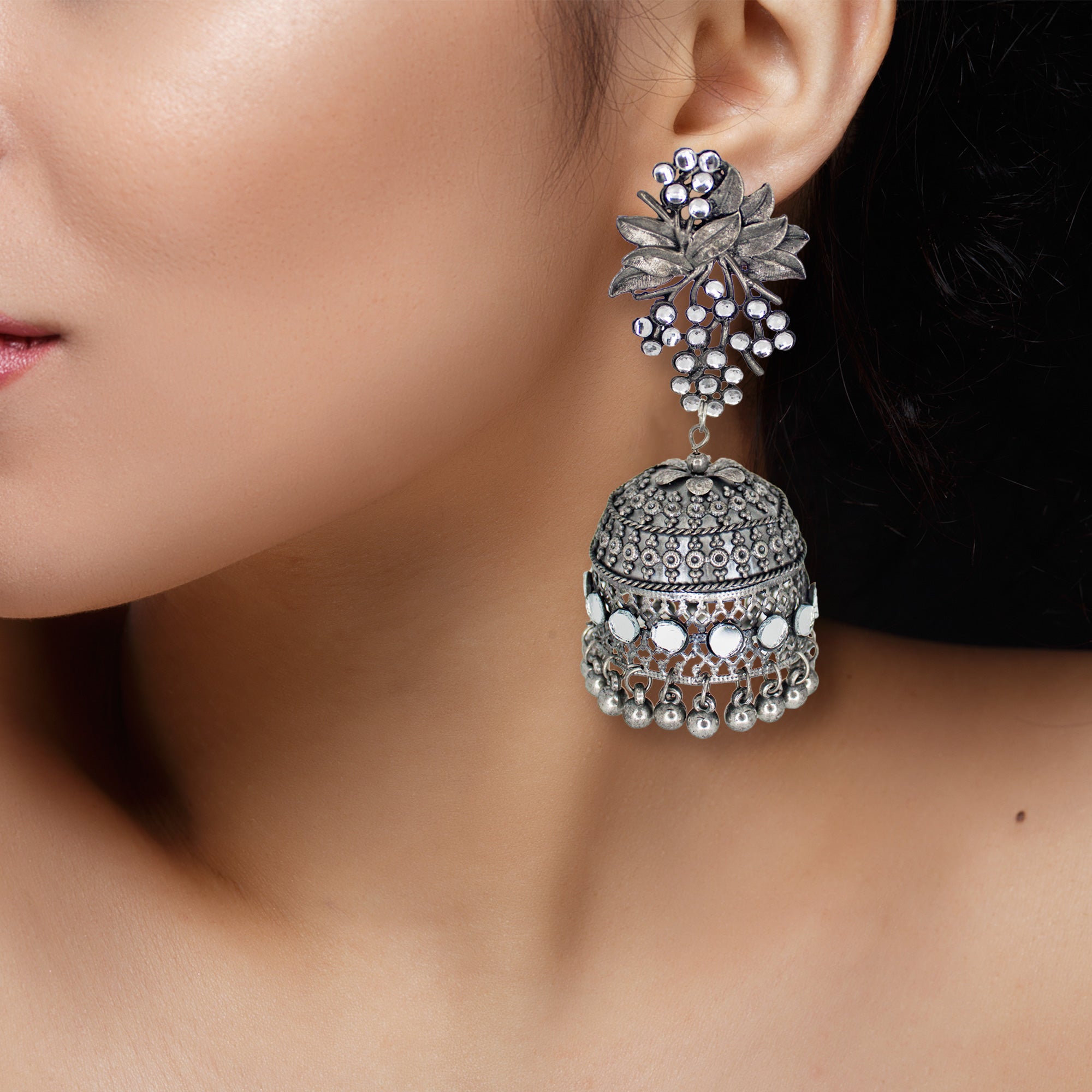 Abhinn Black Polished Grapes Design Stud With Mirror Floral Jhumka Earrings For Women