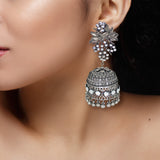 Abhinn Black Polished Grapes Design Stud With Mirror Floral Jhumka Earrings For Women