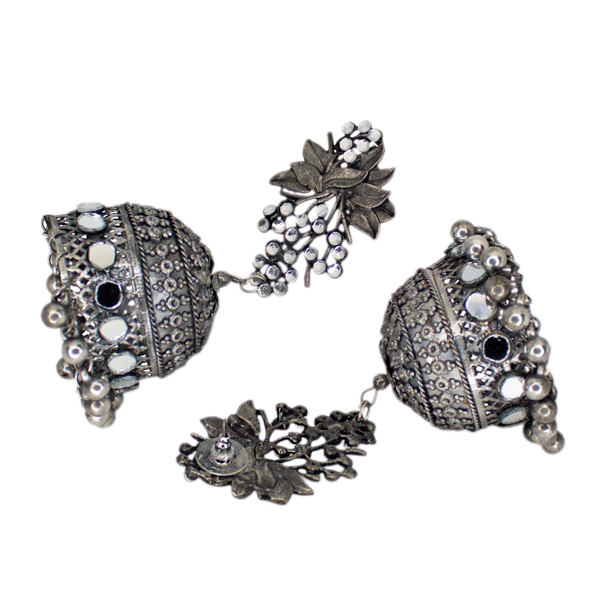 Abhinn Black Polished Grapes Design Stud With Mirror Floral Jhumka Earrings For Women