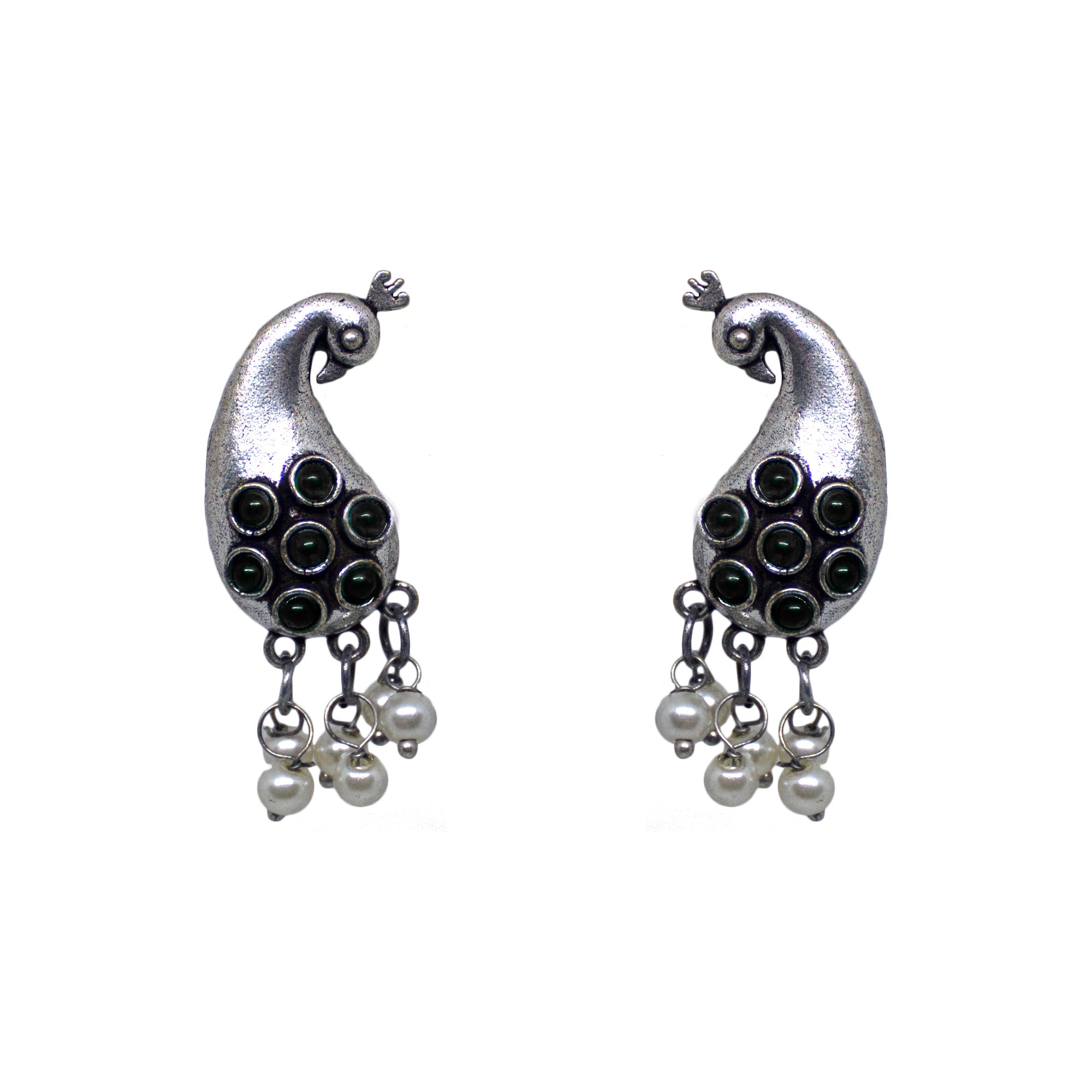 Abhinn Unique Silver Replica Peacock Design With Black CZ Stones Stud Earrings For Women 
