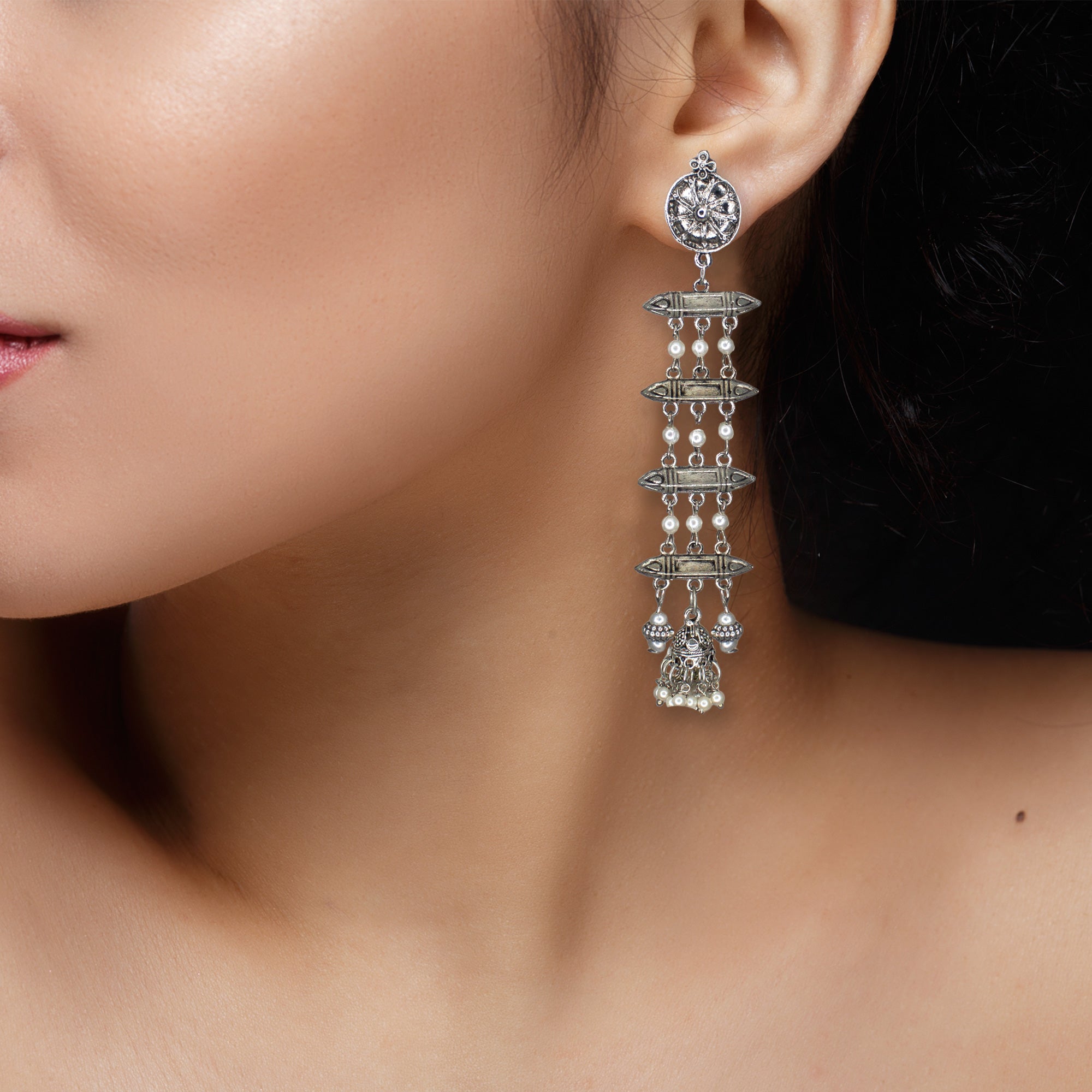 Abhinn Silver Oxidised Multi Layered Dangler Earrings For Women