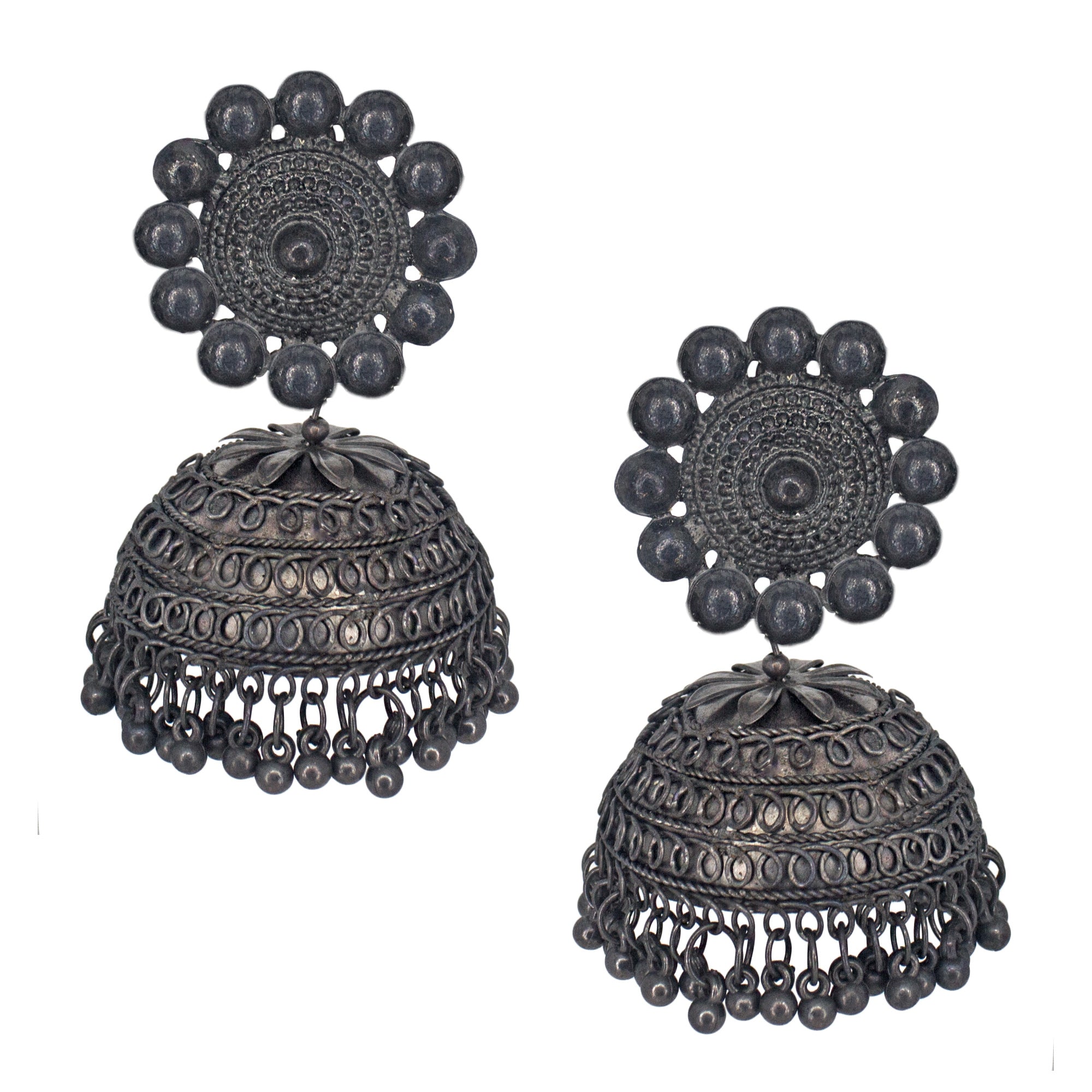 Abhinn Black Polished Floral Design Jhumka Earrings For Women