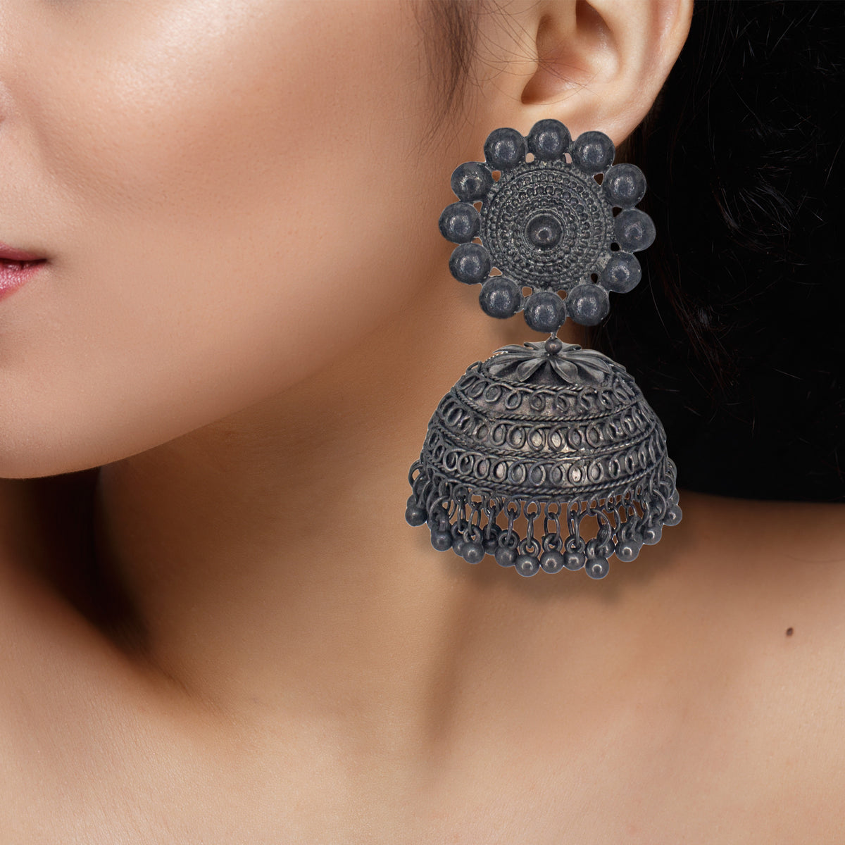 Dulcett India | Black Metal Jhumka Ethnic German Silver Jhumka Earrings | Black Oxidised Earrings | German Silver | Black Metal Polish Designer  Earrings| Floral Shape Jhumka for Girls & Women : Amazon.in: Fashion