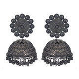 Abhinn Black Polished Floral Design Jhumka Earrings For Women