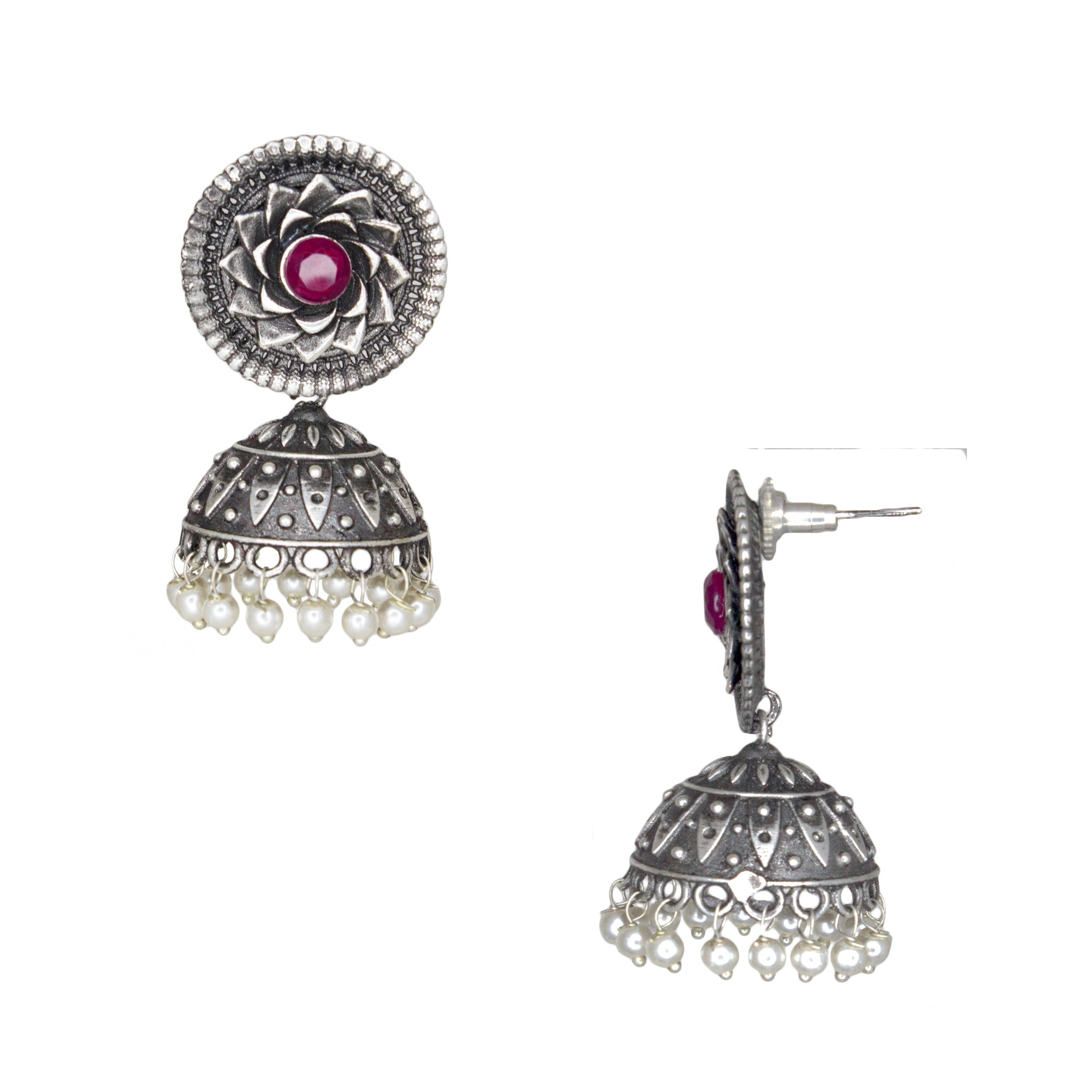 Silver Replica Floral Design Jhumka With Pink CZ Stone Earrings For Girls