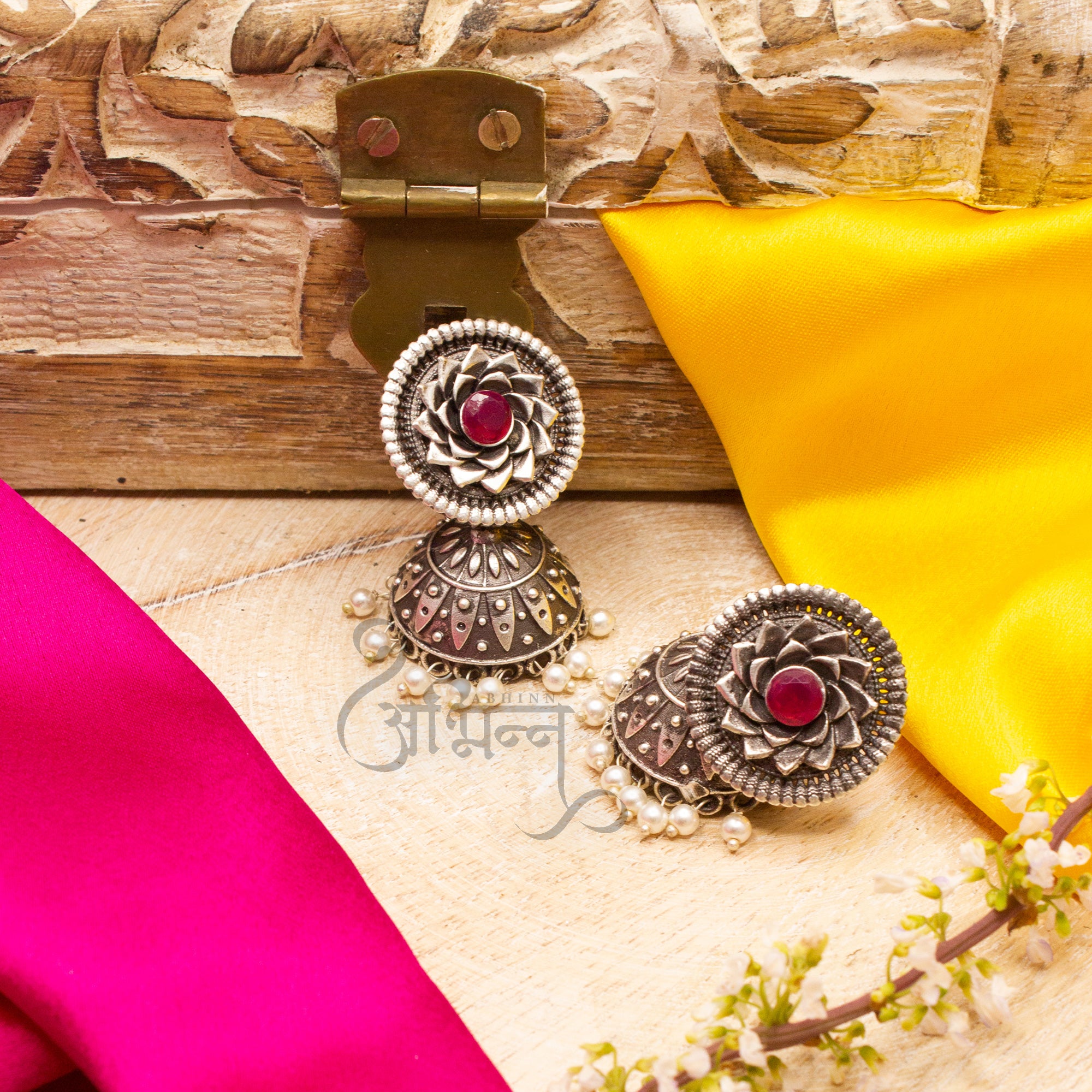 Silver Replica Floral Design Jhumka With Pink CZ Stone Earrings For Girls