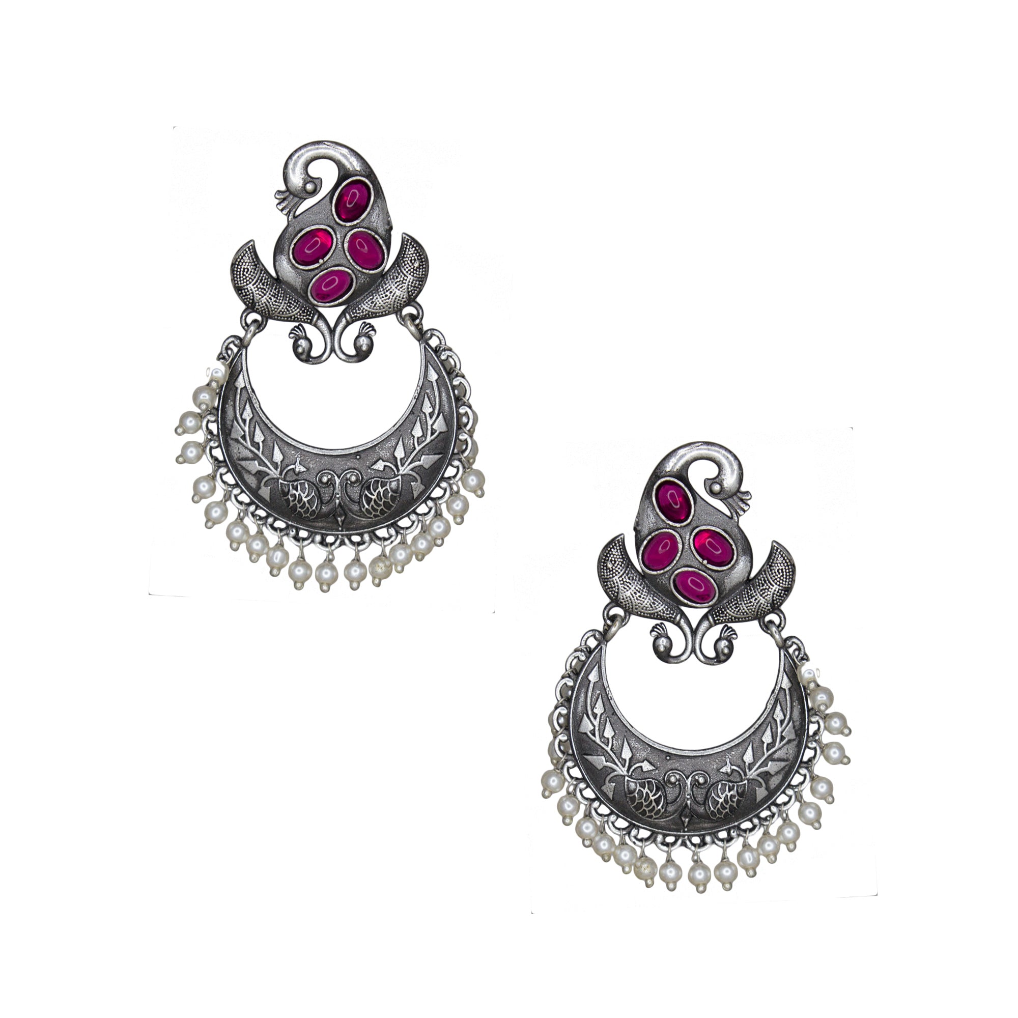 Abhinn Silver Replica Peacock Design Studs With Pink CZ Stones Studded Earrings for Women
