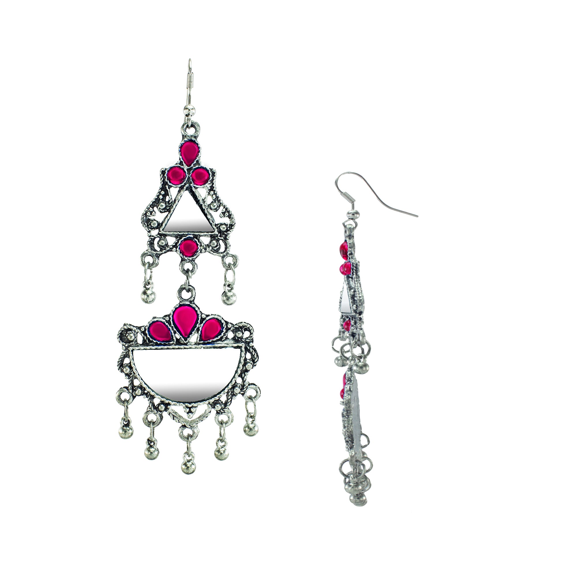 Abhinn Afghani Silver Oxidised Mirror With Pink Stones Dangler Earrings for Women