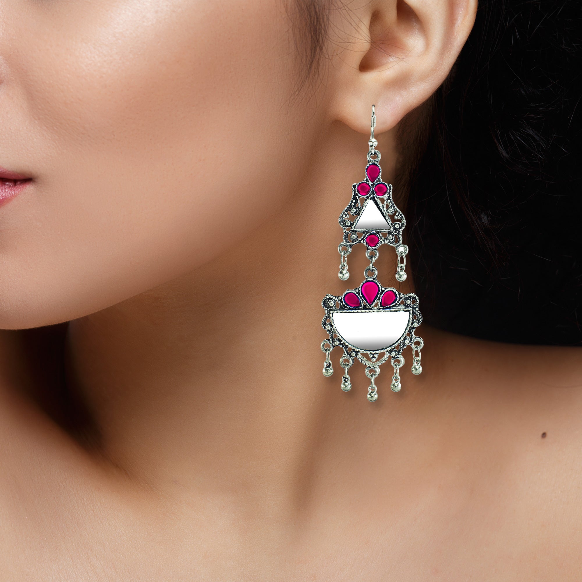 Abhinn Afghani Silver Oxidised Mirror With Pink Stones Dangler Earrings for Women