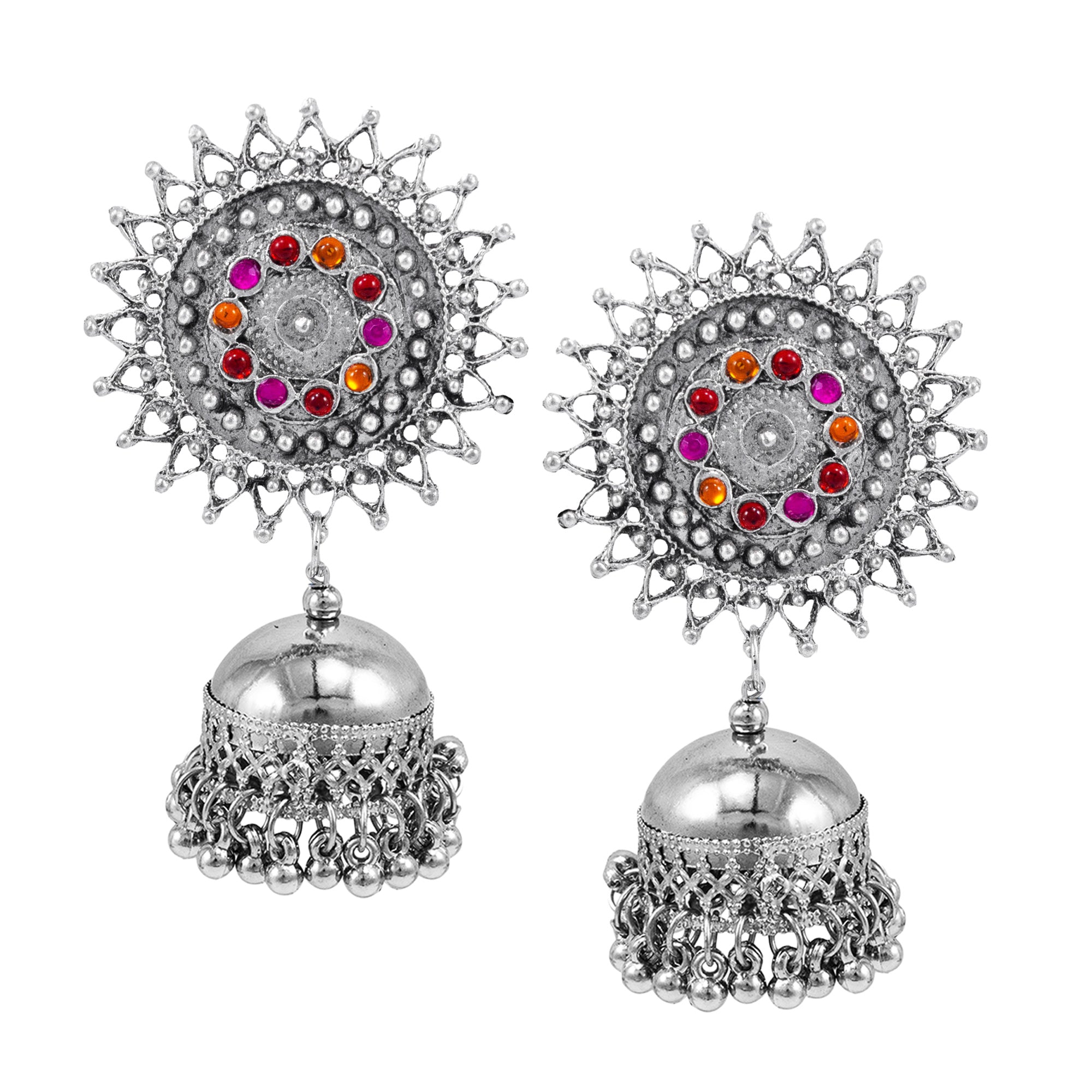 Abhinn Stylish Silver Oxidised Sun Shaped With Pink-Red Stone Jhumka Earring For Women