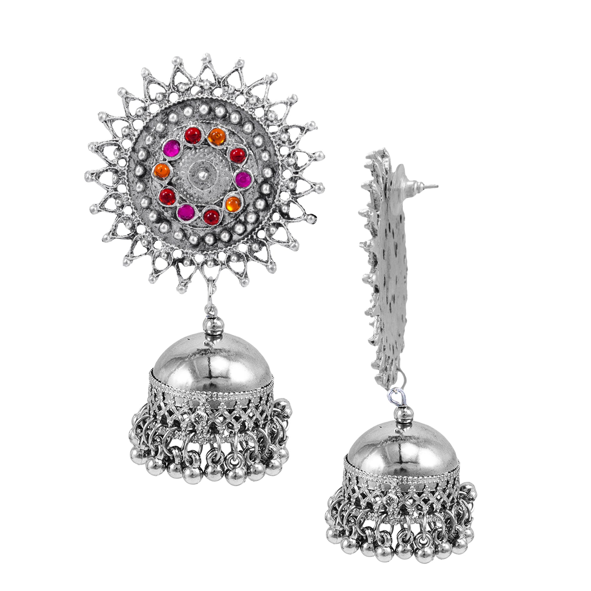 Abhinn Stylish Silver Oxidised Sun Shaped With Pink-Red Stone Jhumka Earring For Women