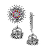 Abhinn Stylish Silver Oxidised Sun Shaped With Pink-Red Stone Jhumka Earring For Women