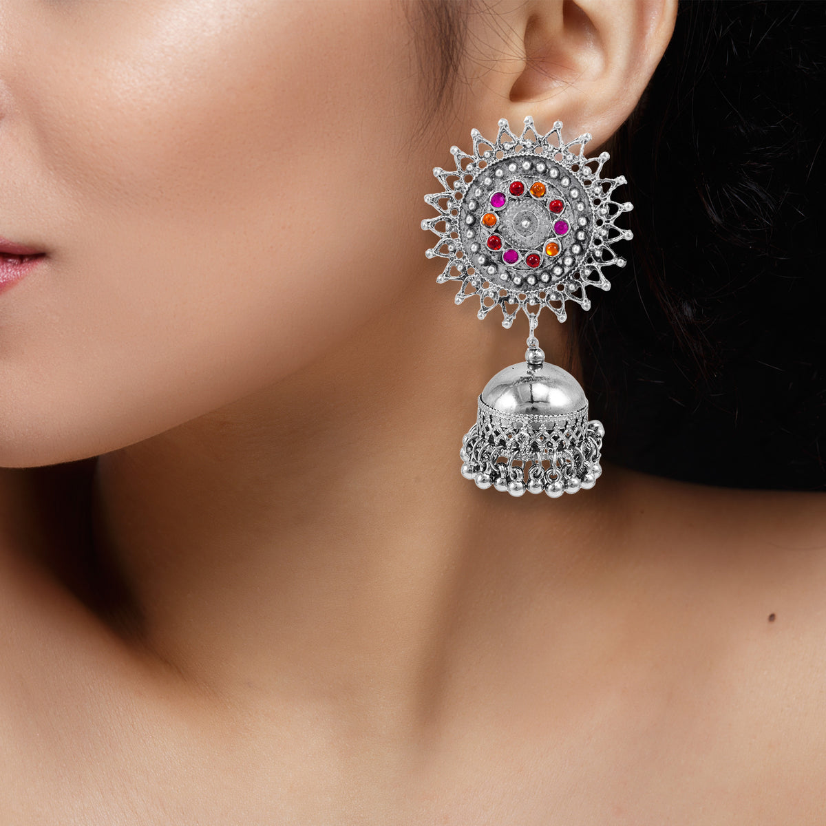 Abhinn Stylish Silver Oxidised Sun Shaped With Pink-Red Stone Jhumka Earring For Women
