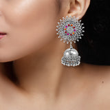 Abhinn Stylish Silver Oxidised Sun Shaped With Pink-Red Stone Jhumka Earring For Women