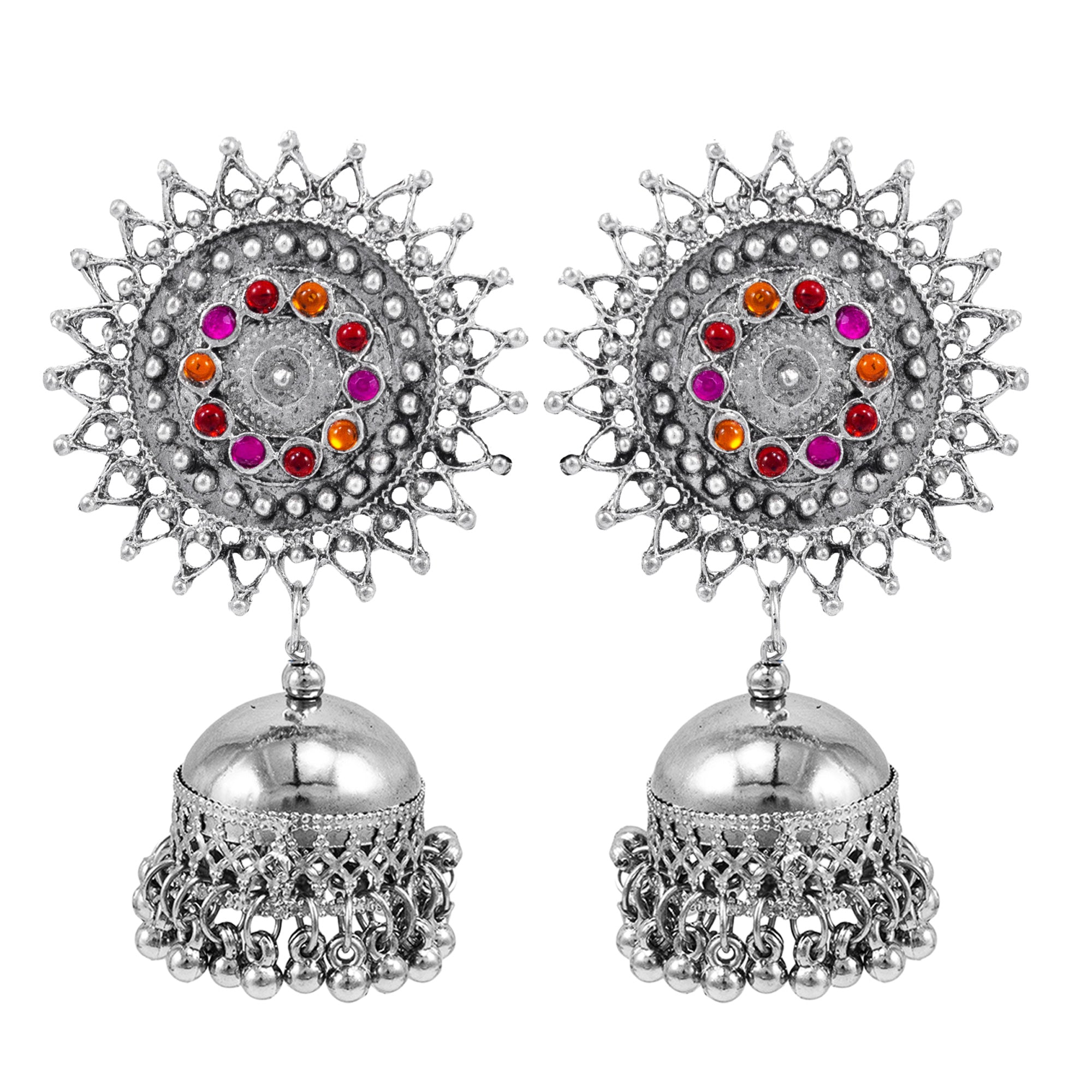 Abhinn Stylish Silver Oxidised Sun Shaped With Pink-Red Stone Jhumka Earring For Women