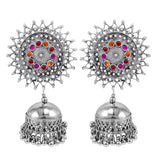 Abhinn Stylish Silver Oxidised Sun Shaped With Pink-Red Stone Jhumka Earring For Women