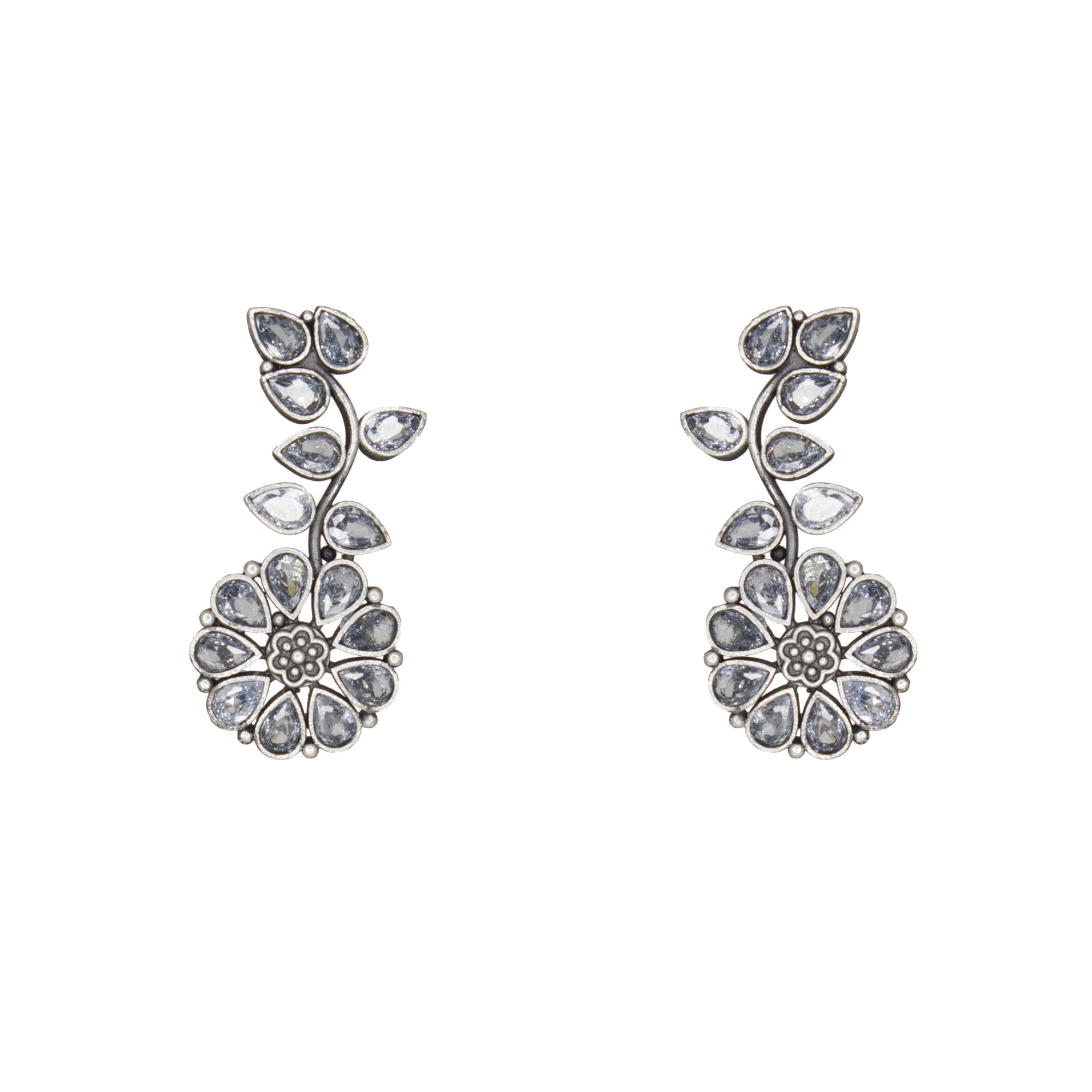 Abhinn Silver Replica Floral Design White CZ Stones Studded Studs Earrings for Women
