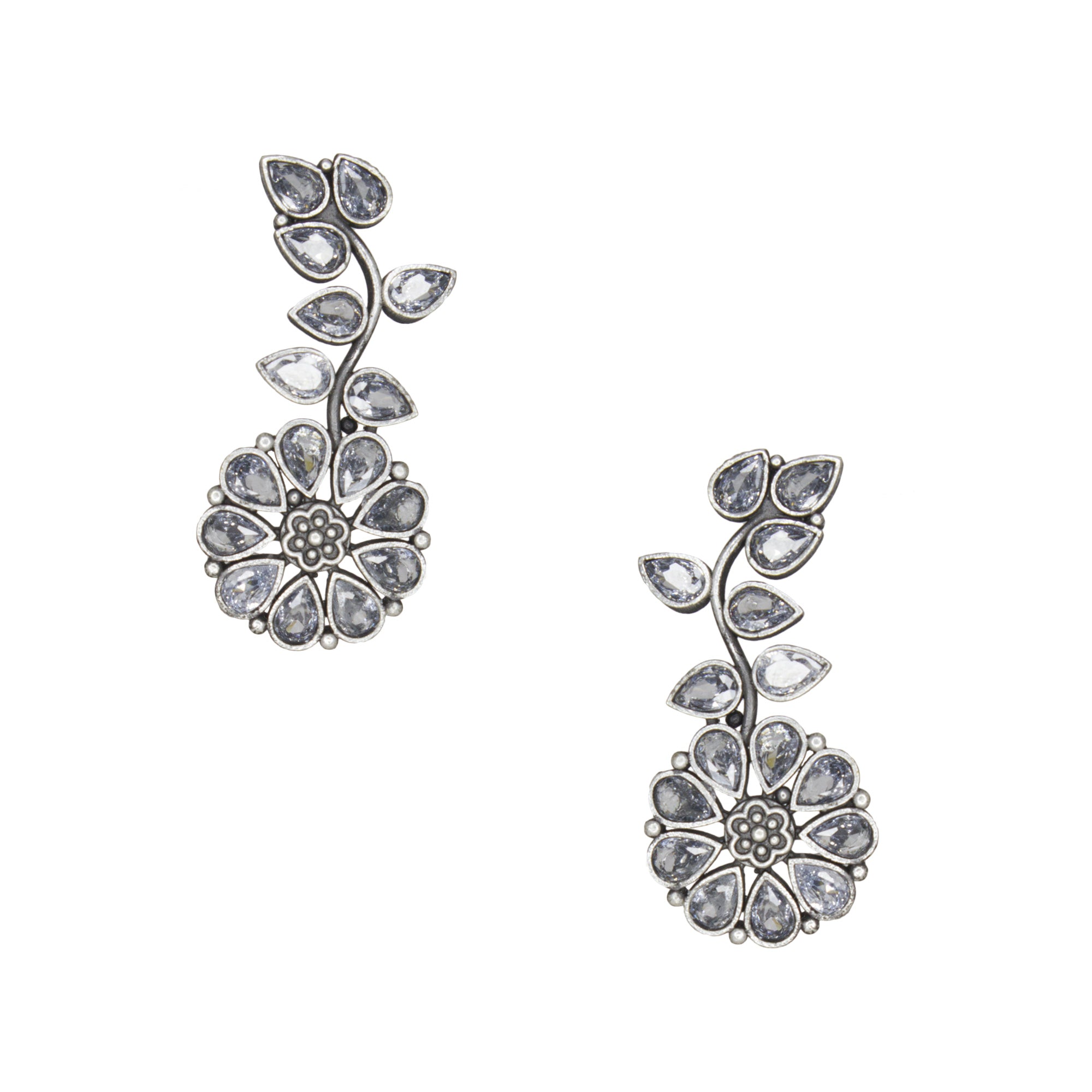 Abhinn Silver Replica Floral Design White CZ Stones Studded Studs Earrings for Women