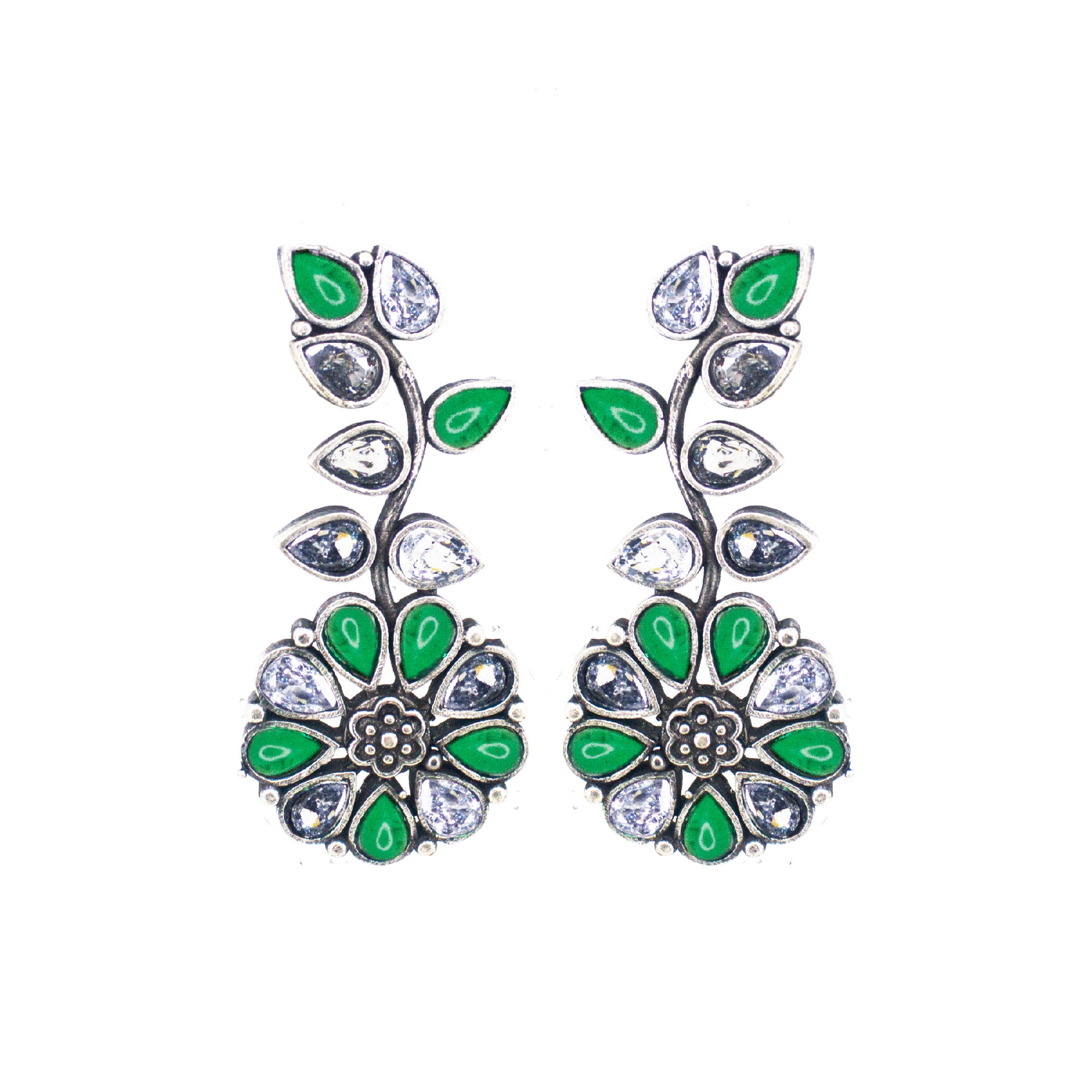 Abhinn Silver Replica Floral Design White & Green Stone Studded Studs Earrings for Women