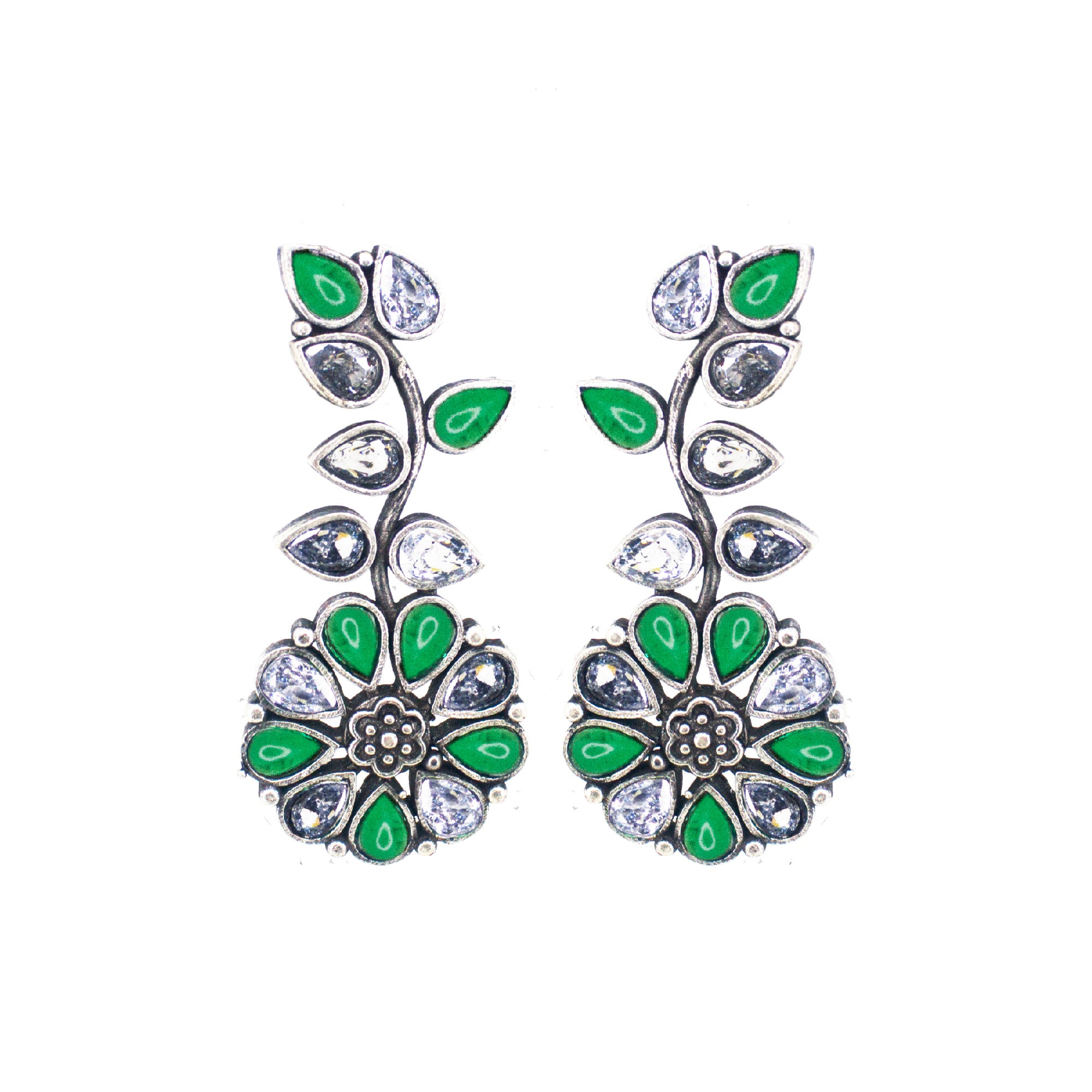 Abhinn Silver Replica Floral Design White & Green Stone Studded Studs Earrings for Women