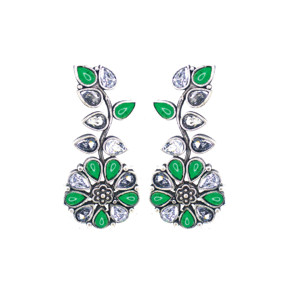 Abhinn Silver Replica Floral Design White & Green Stone Studded Studs Earrings for Women