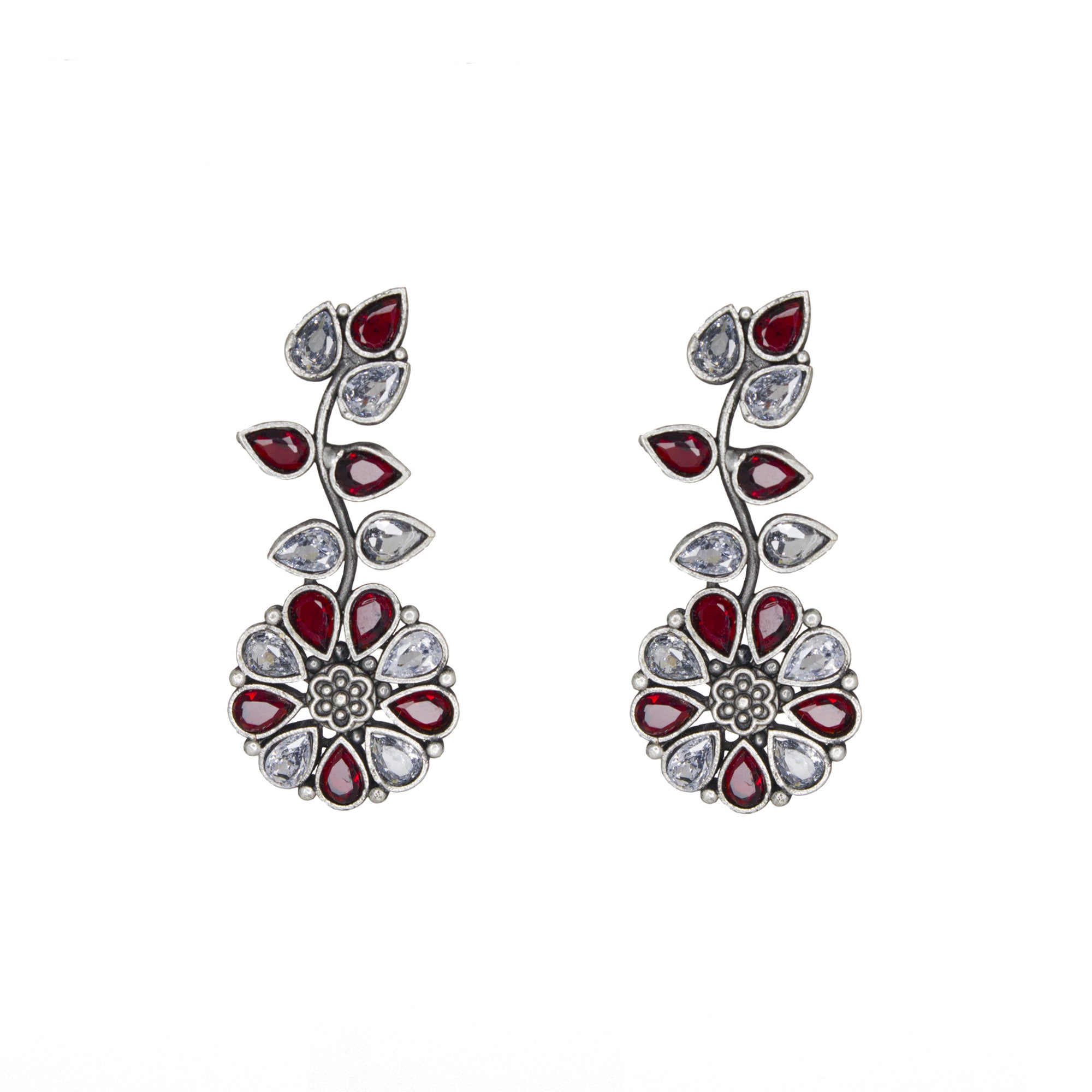 Abhinn Silver Replica Floral Design Stone Studded Studs Earrings for Women