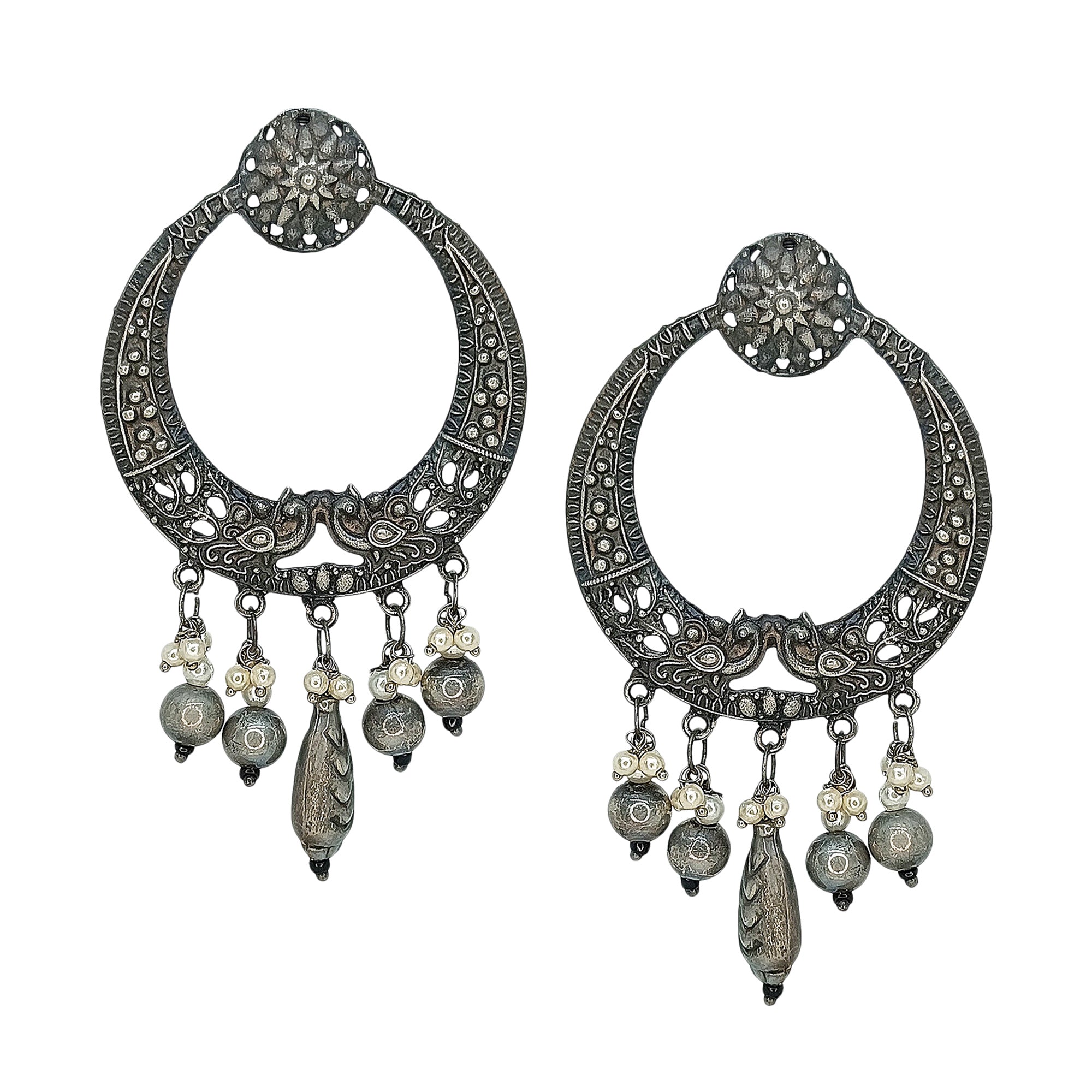 Abhinn Antique Finished Oxidised Floral-Peacock Design Dangler Earrings For Women