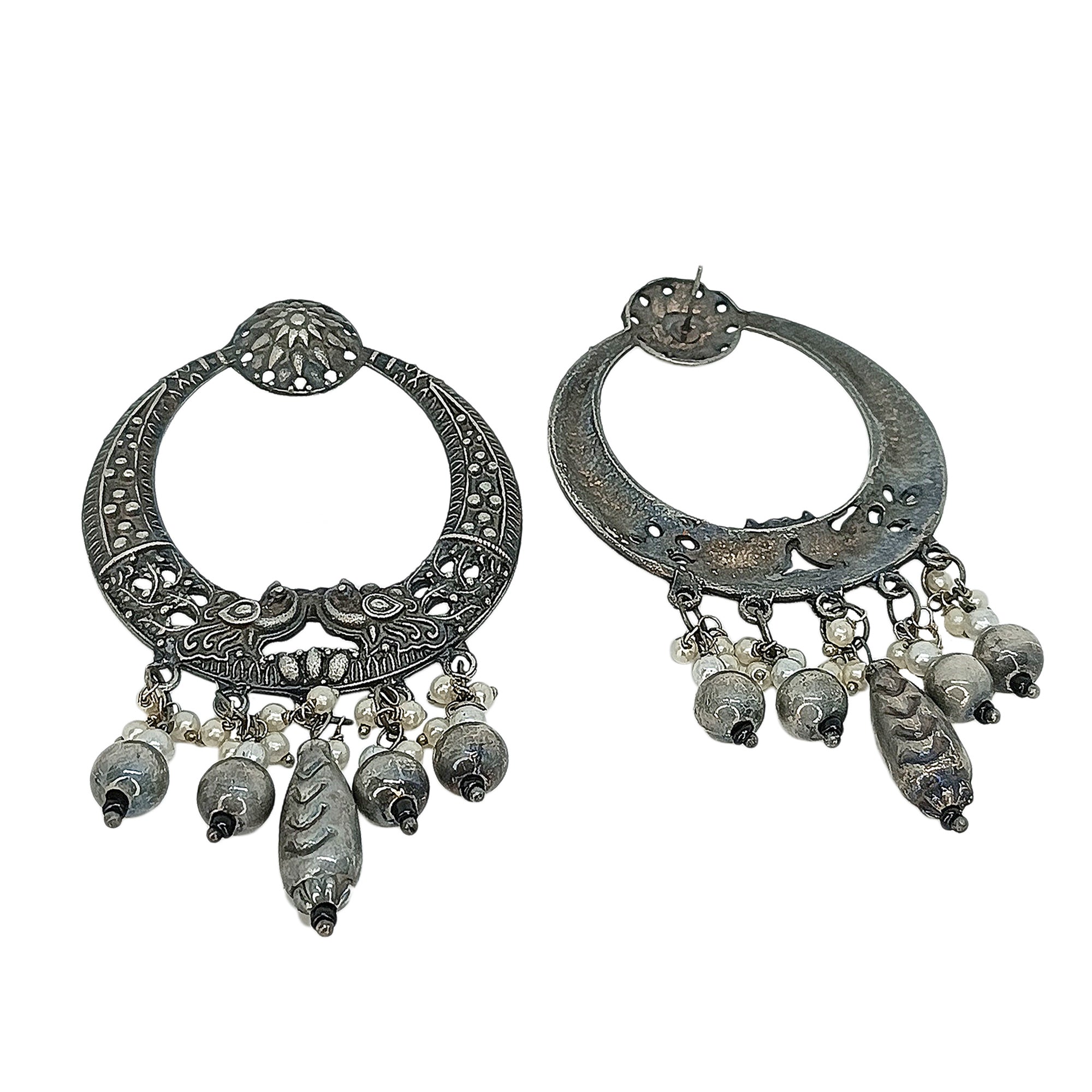 Abhinn Antique Finished Oxidised Floral-Peacock Design Dangler Earrings For Women