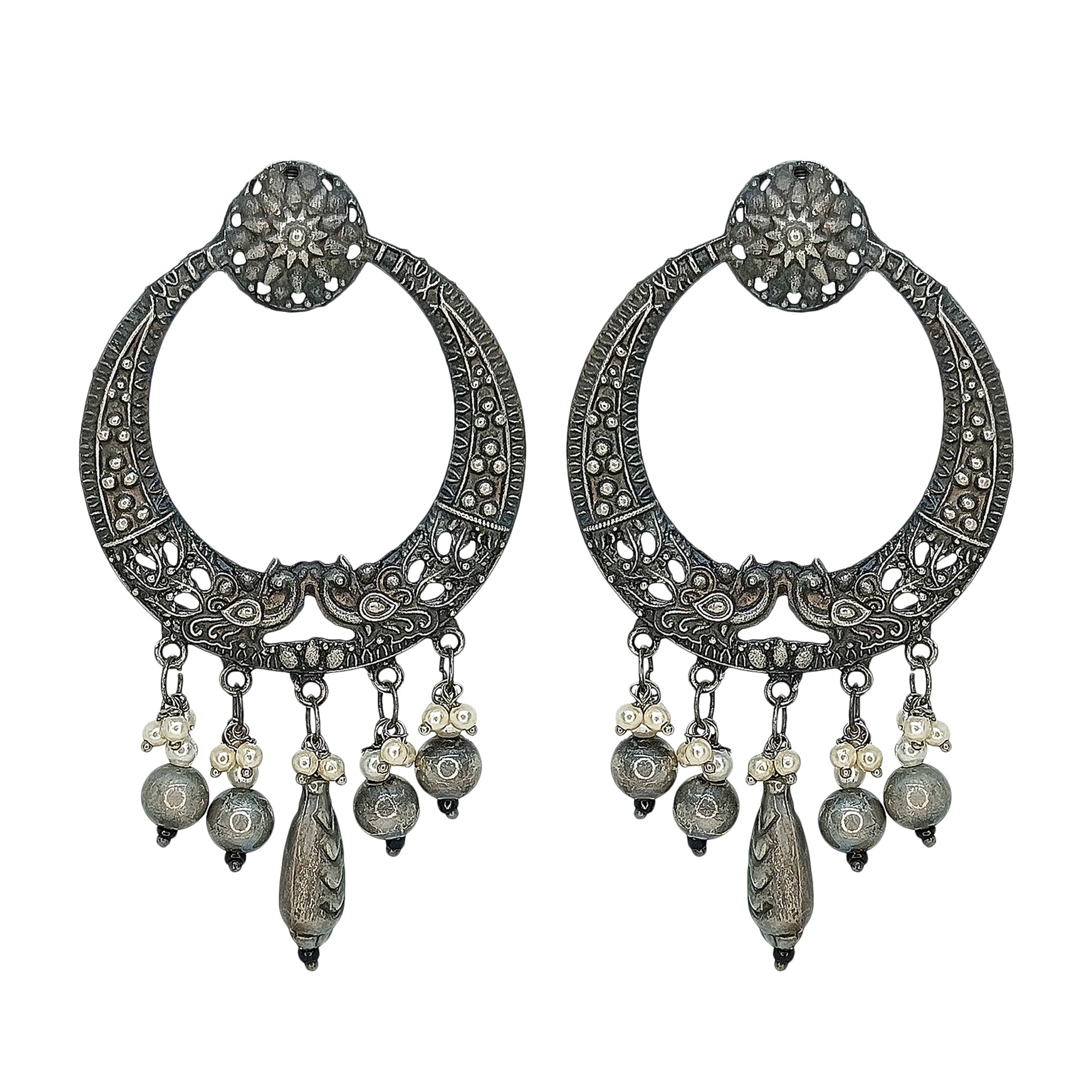 Abhinn Antique Finished Oxidised Floral-Peacock Design Dangler Earrings For Women