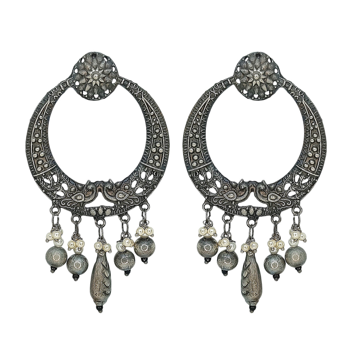 Abhinn Antique Finished Oxidised Floral-Peacock Design Dangler Earrings For Women