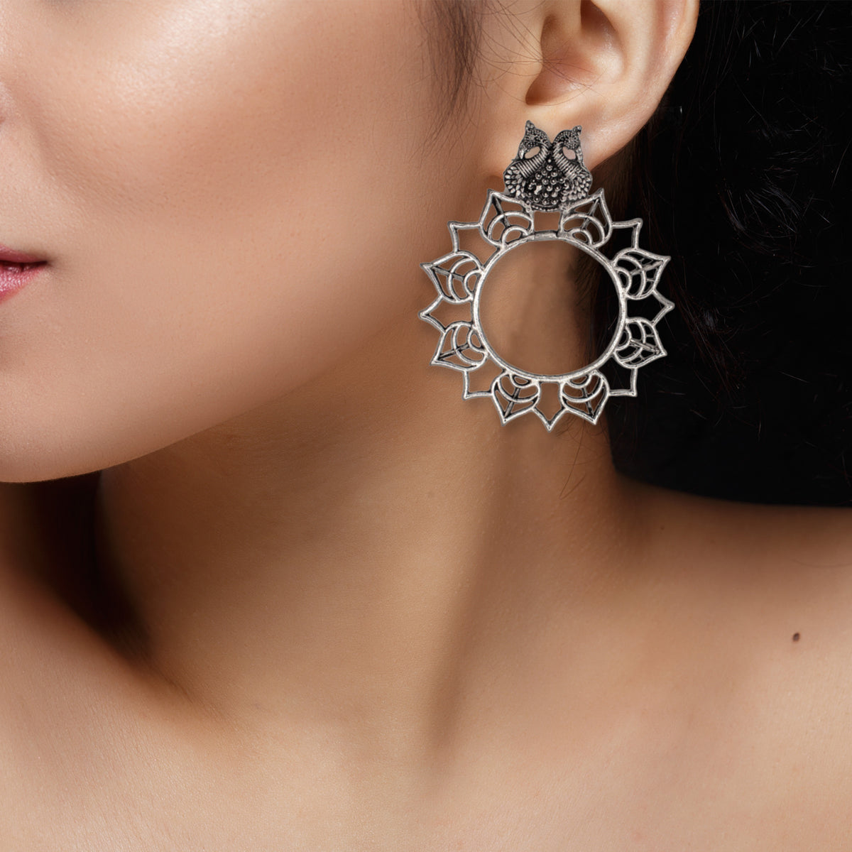 Abhinn Silver Oxidised Peacock and Floral Design Stud Earrings For Women