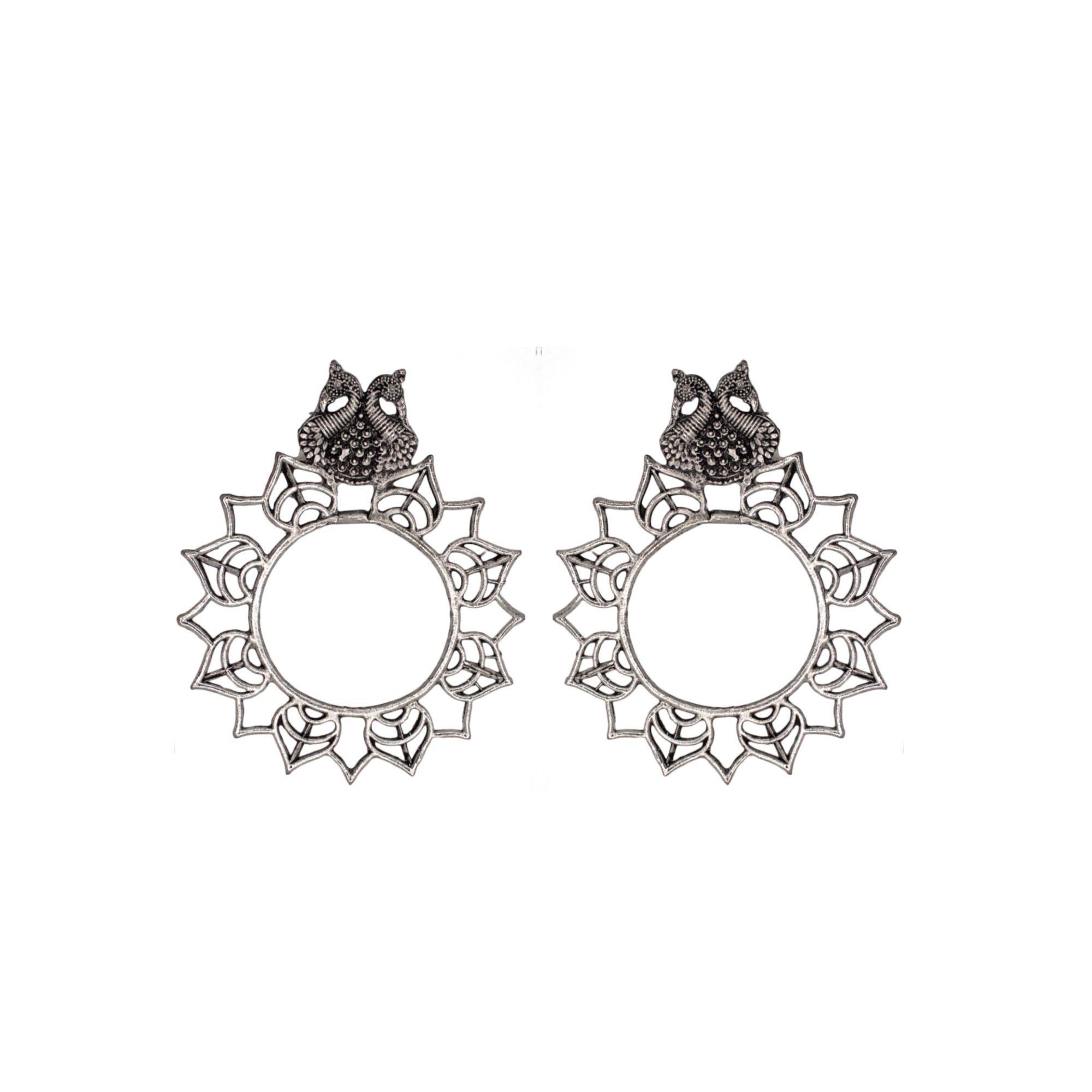 Abhinn Silver Oxidised Peacock and Floral Design Stud Earrings For Women