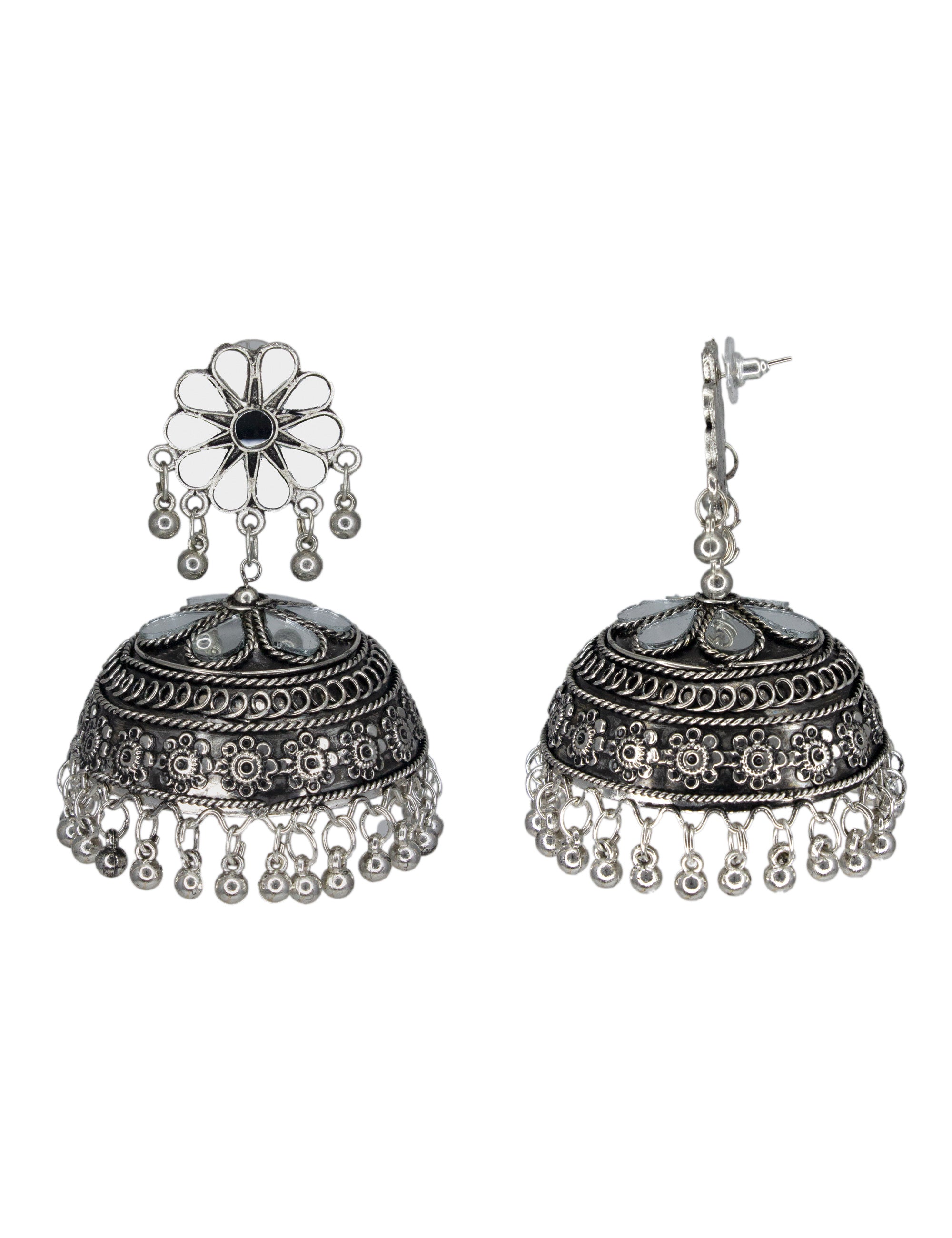 Fida Oxidised Silver Mirror Studded Floral Jhumka Earring For Women