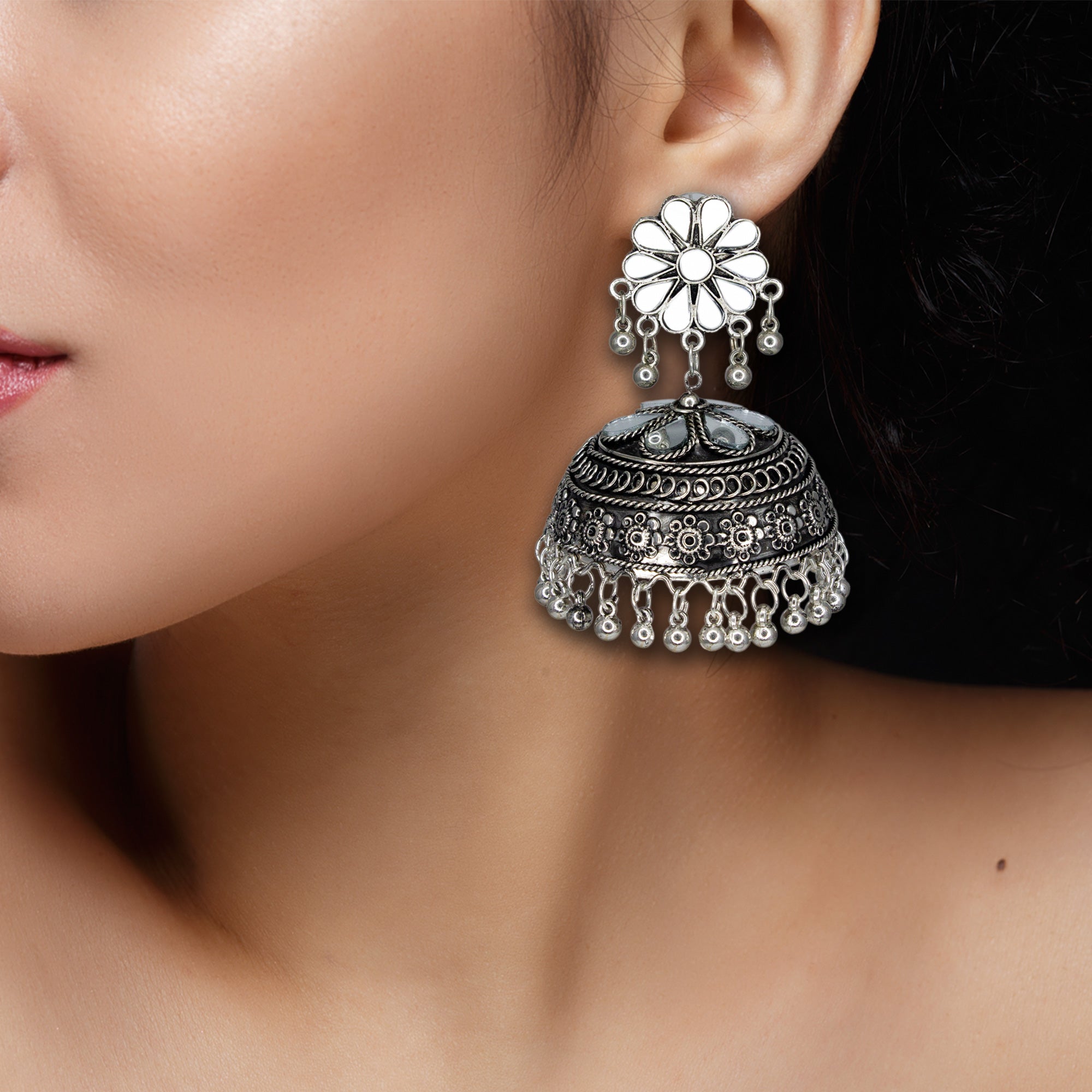 Abhinn Afghani Silver Oxidised Floral Design MIrror Stud Big Jhumka Earrings For Women