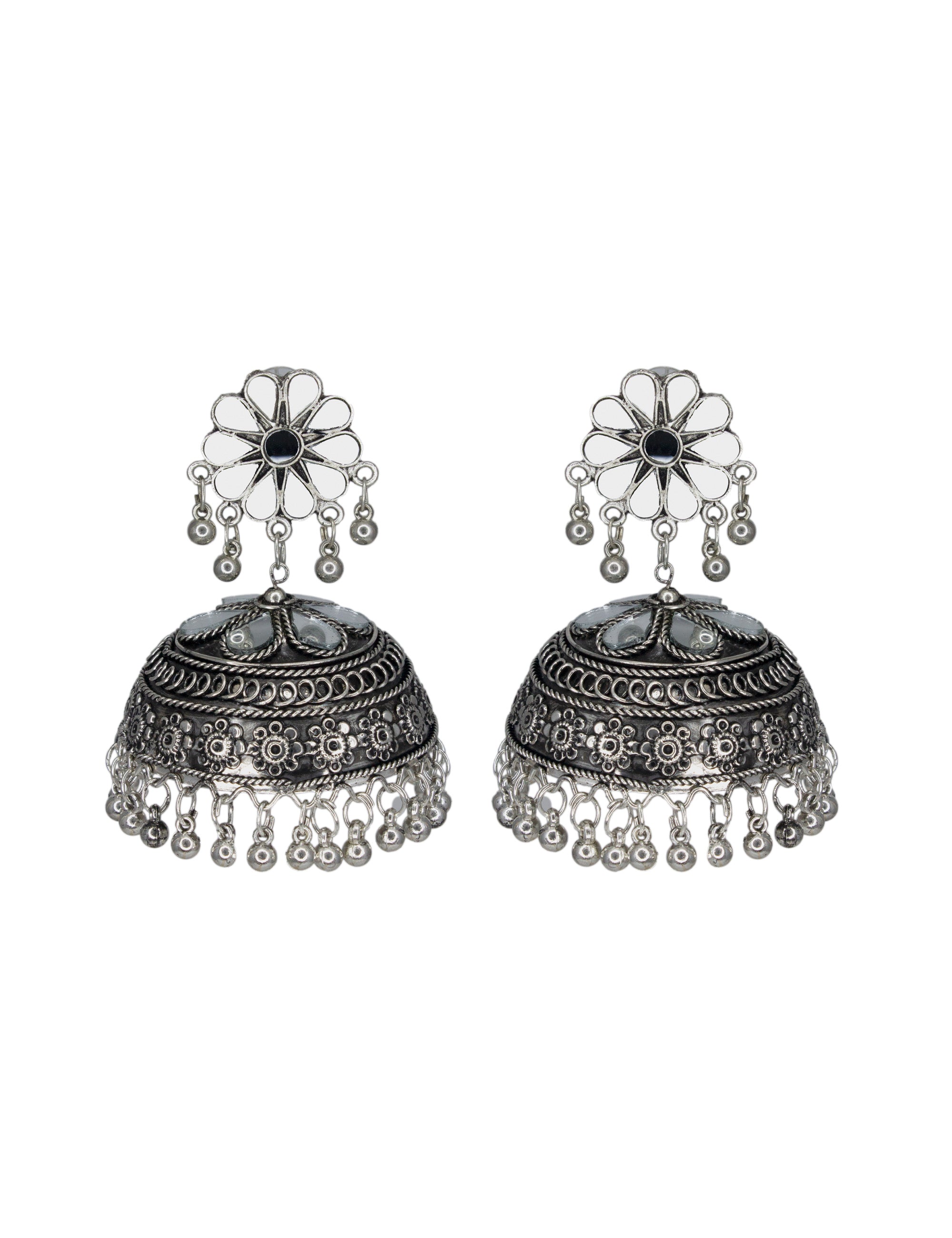 Abhinn Afghani Silver Oxidised Floral Design MIrror Stud Big Jhumka Earring For Women 