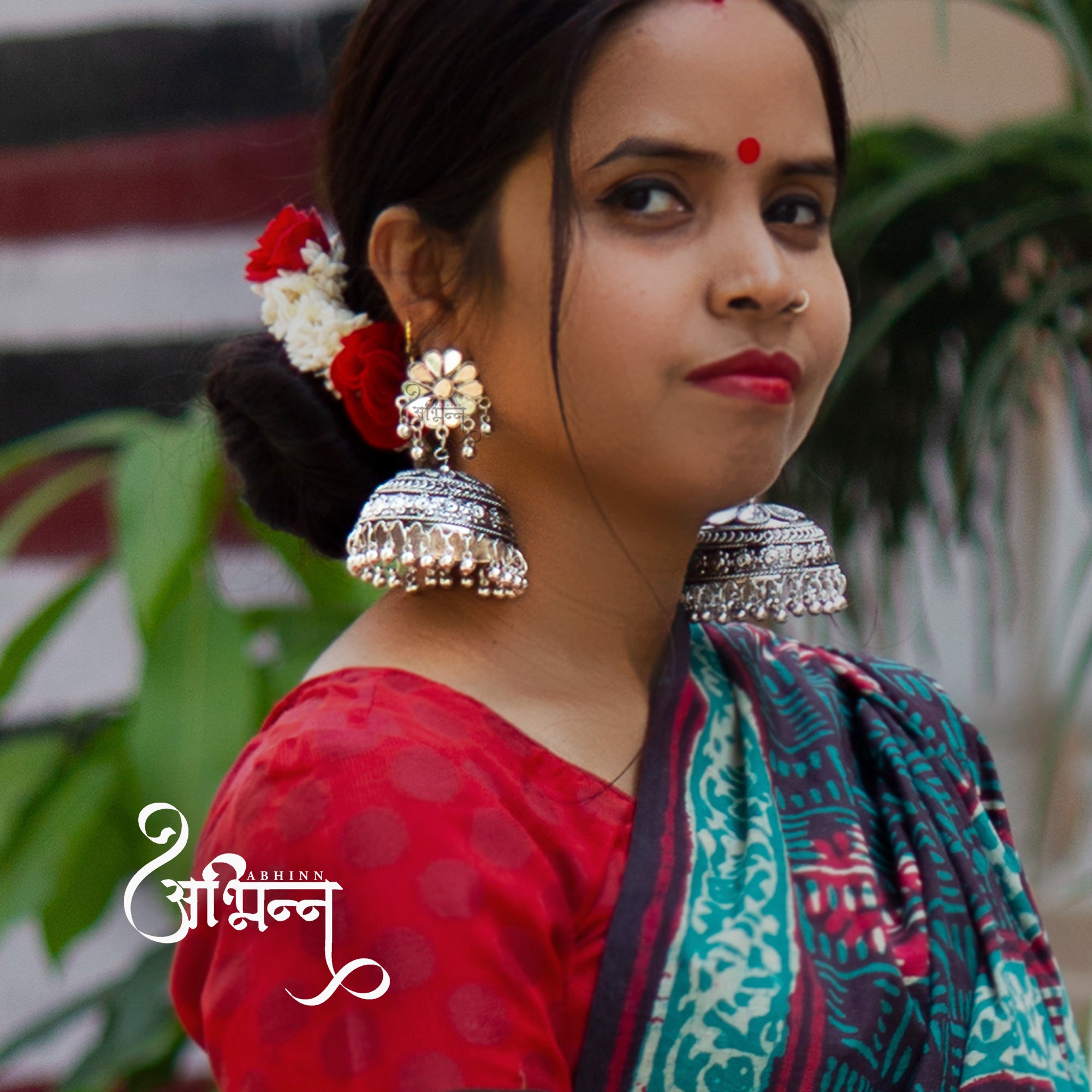 Abhinn Afghani Silver Oxidised Floral Design MIrror Stud Big Jhumka Earring For Women