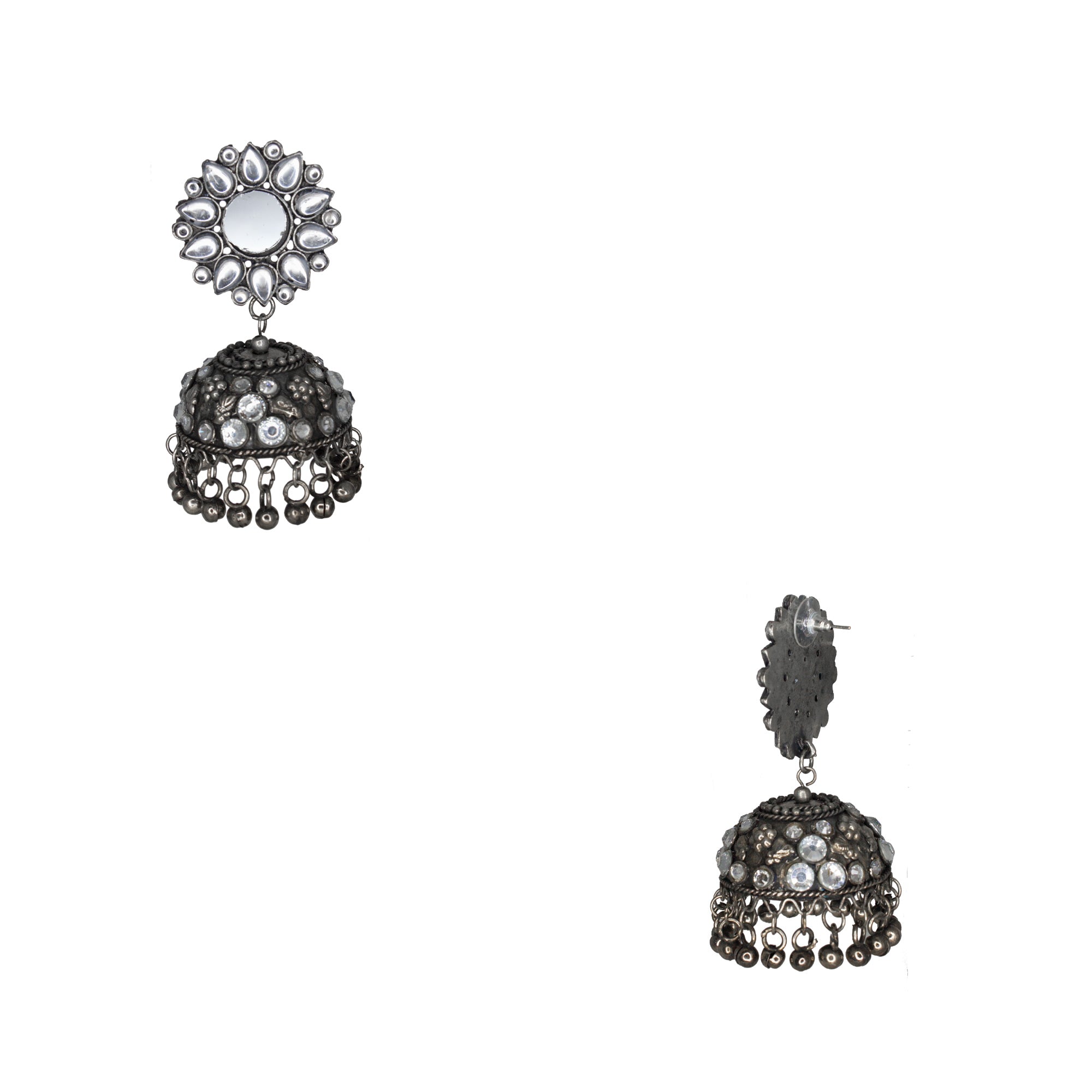 Abhinn Handmade Oxidised Silver Mirror Stud Kundan Stone Jhumka Earrings For Women