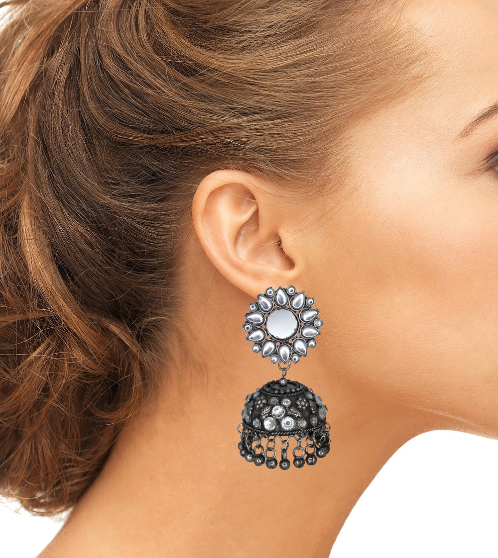 Abhinn Handmade Oxidised Silver Mirror Stud Kundan Stone Jhumka Earrings For Women