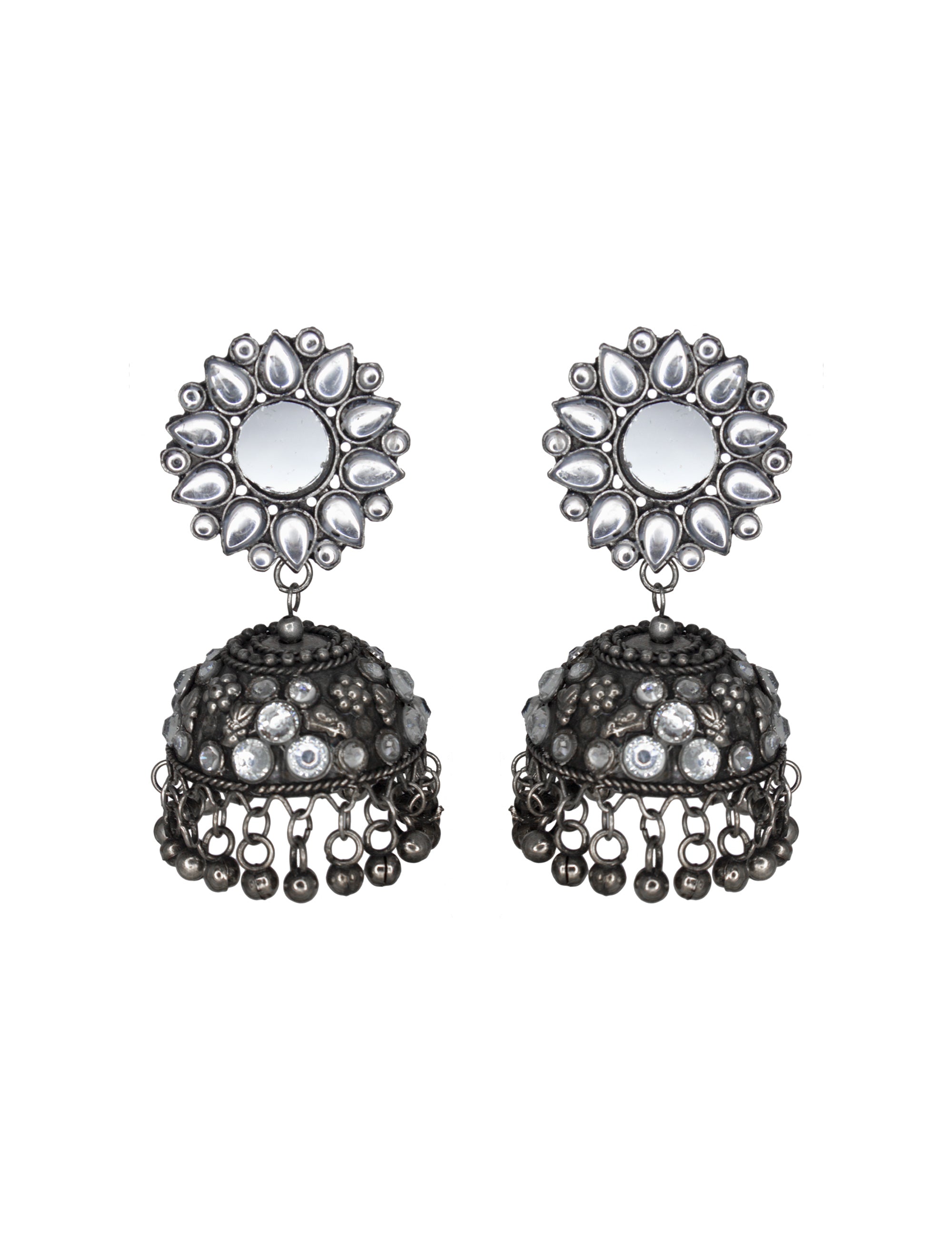 Abhinn Handmade Oxidised Silver Mirror Stud Kundan Stone Jhumka Earrings For Women
